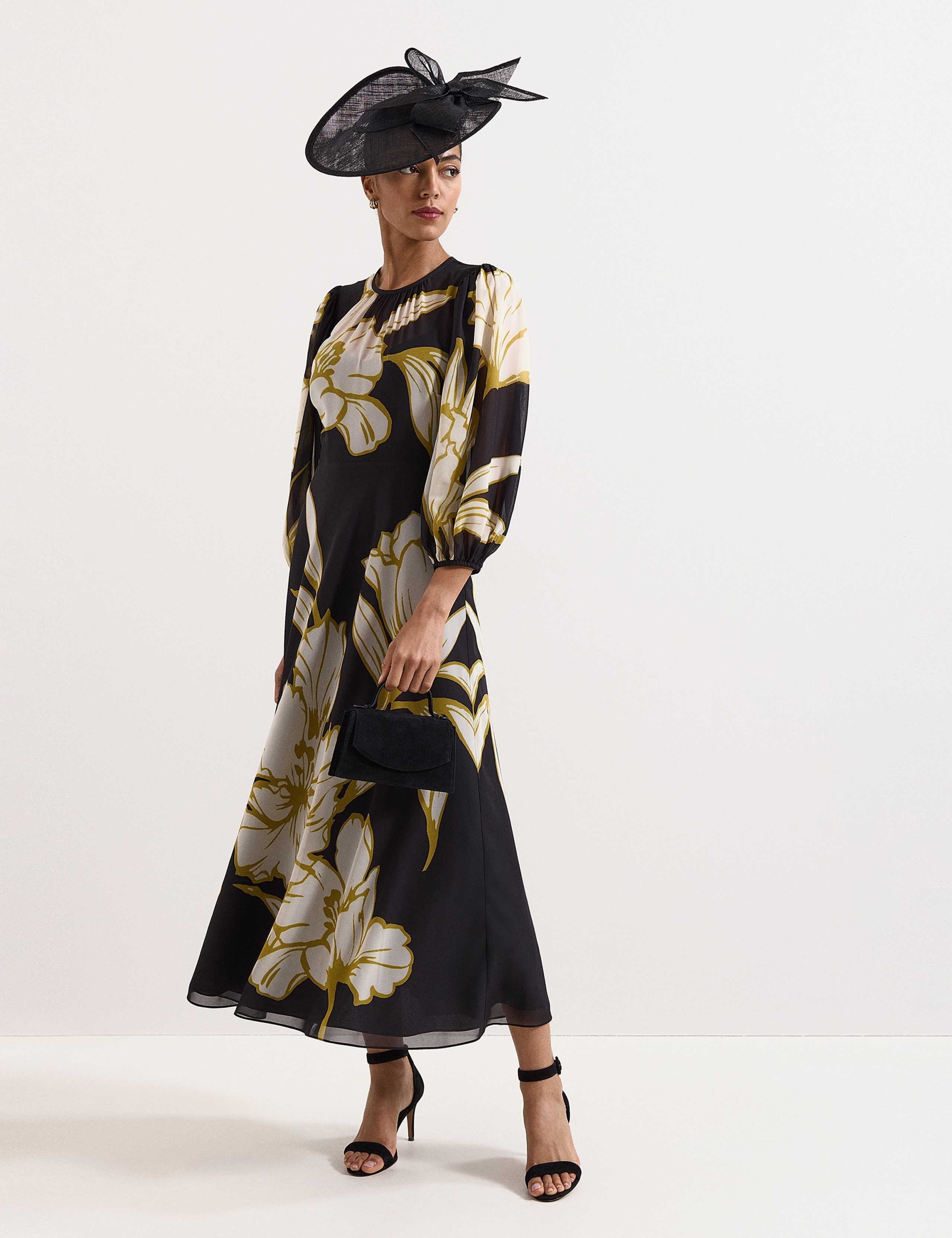 Floral Blouson Sleeve Midi Skater Dress