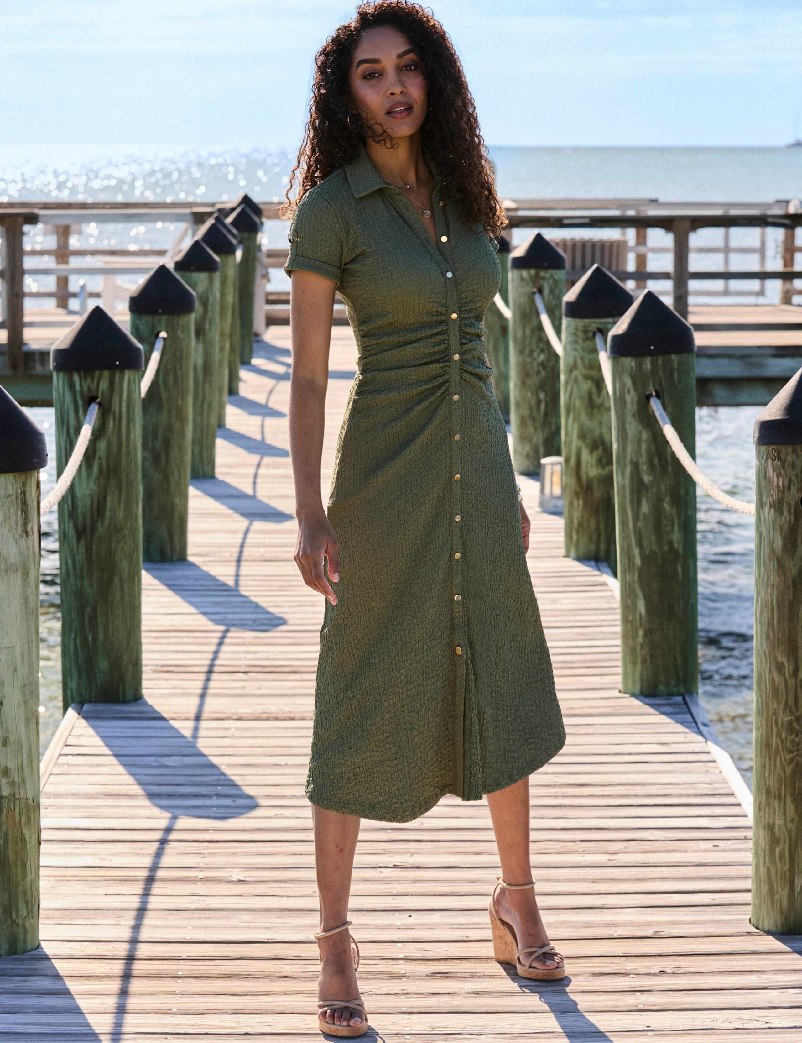 Textured Ruched Button Through Midi Shirt Dress