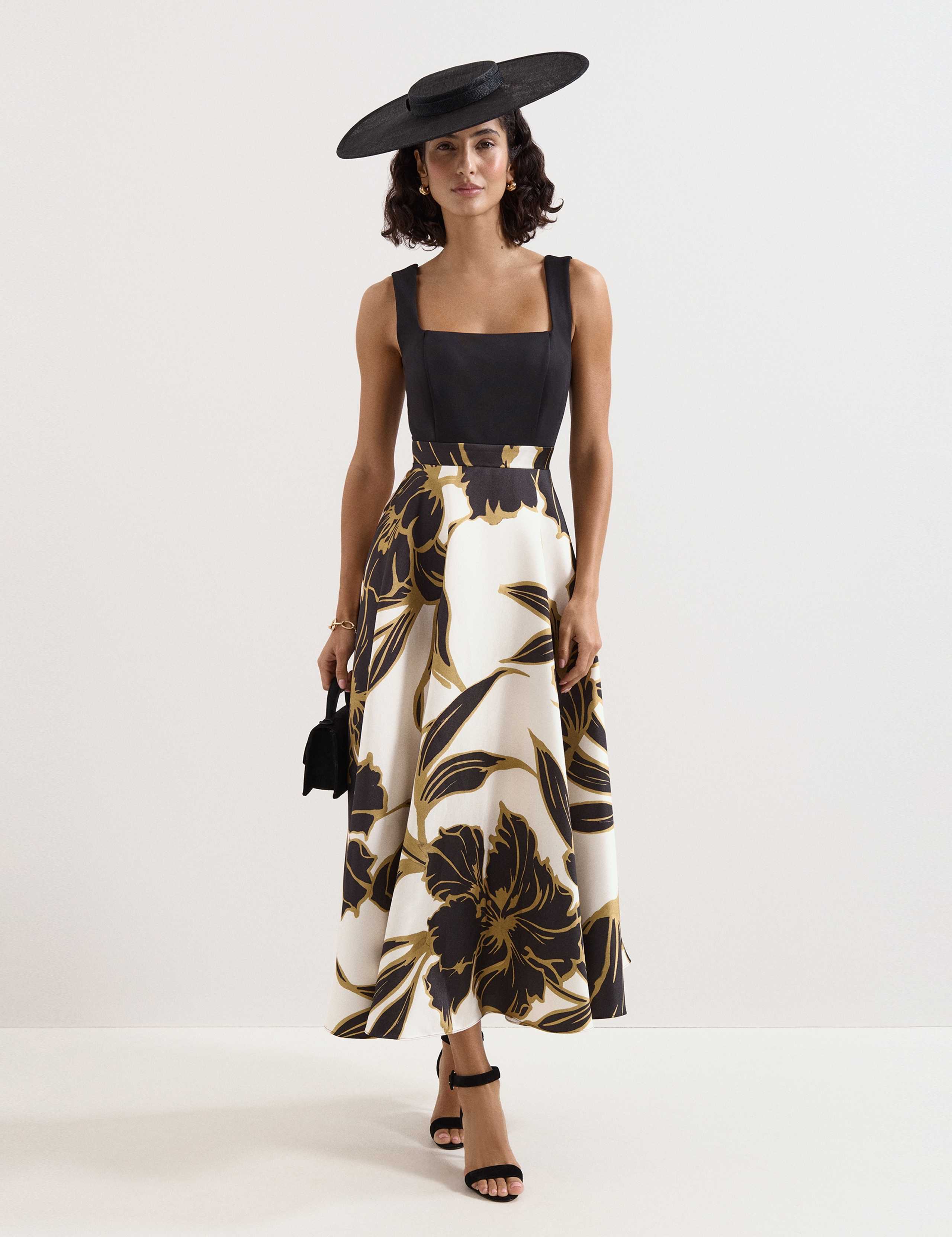 Satin Floral Square Neck Midi Skater Dress