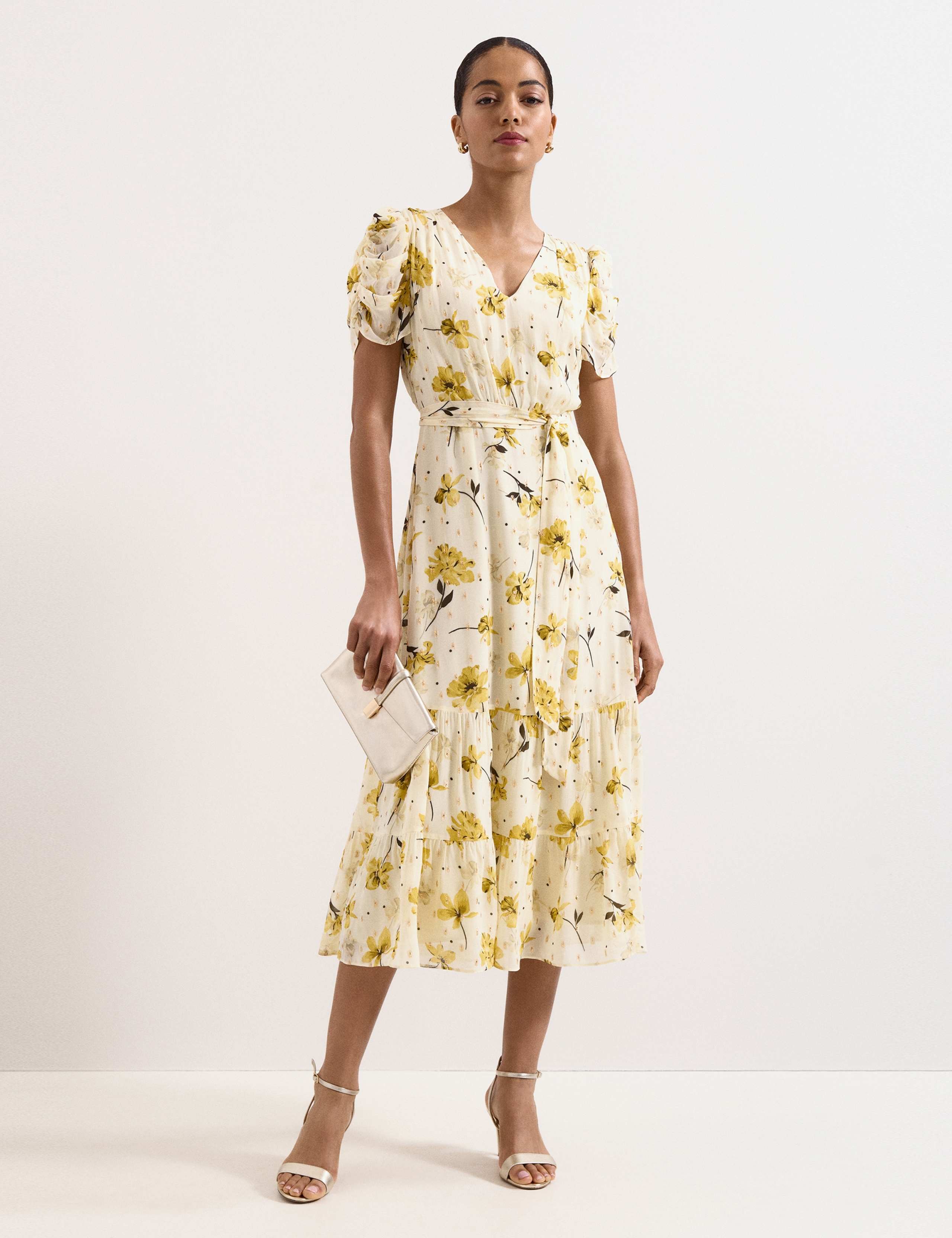 Floral V-Neck Tie Waist Midi Tiered Dress