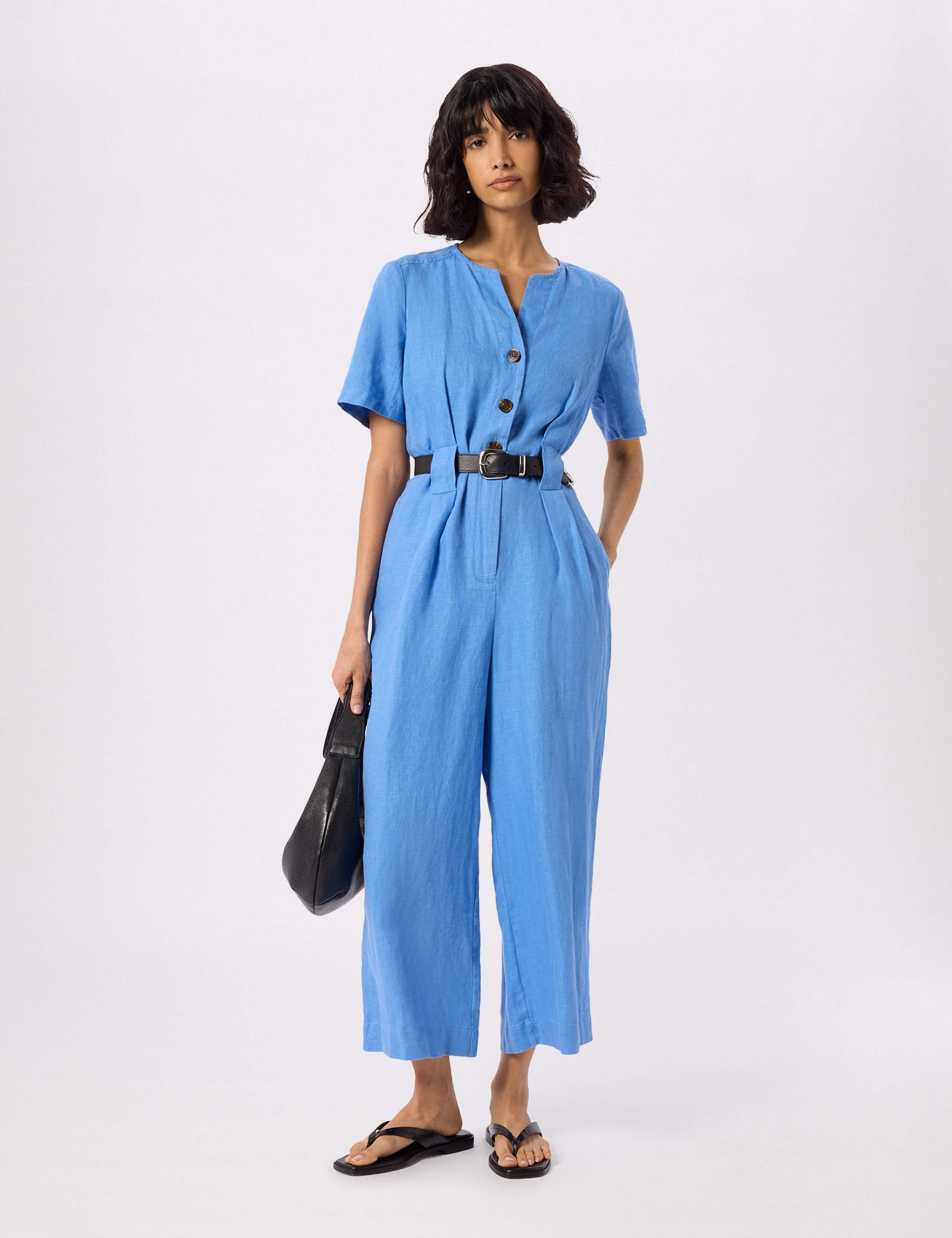 Pure Linen Belted Cropped Jumpsuit
