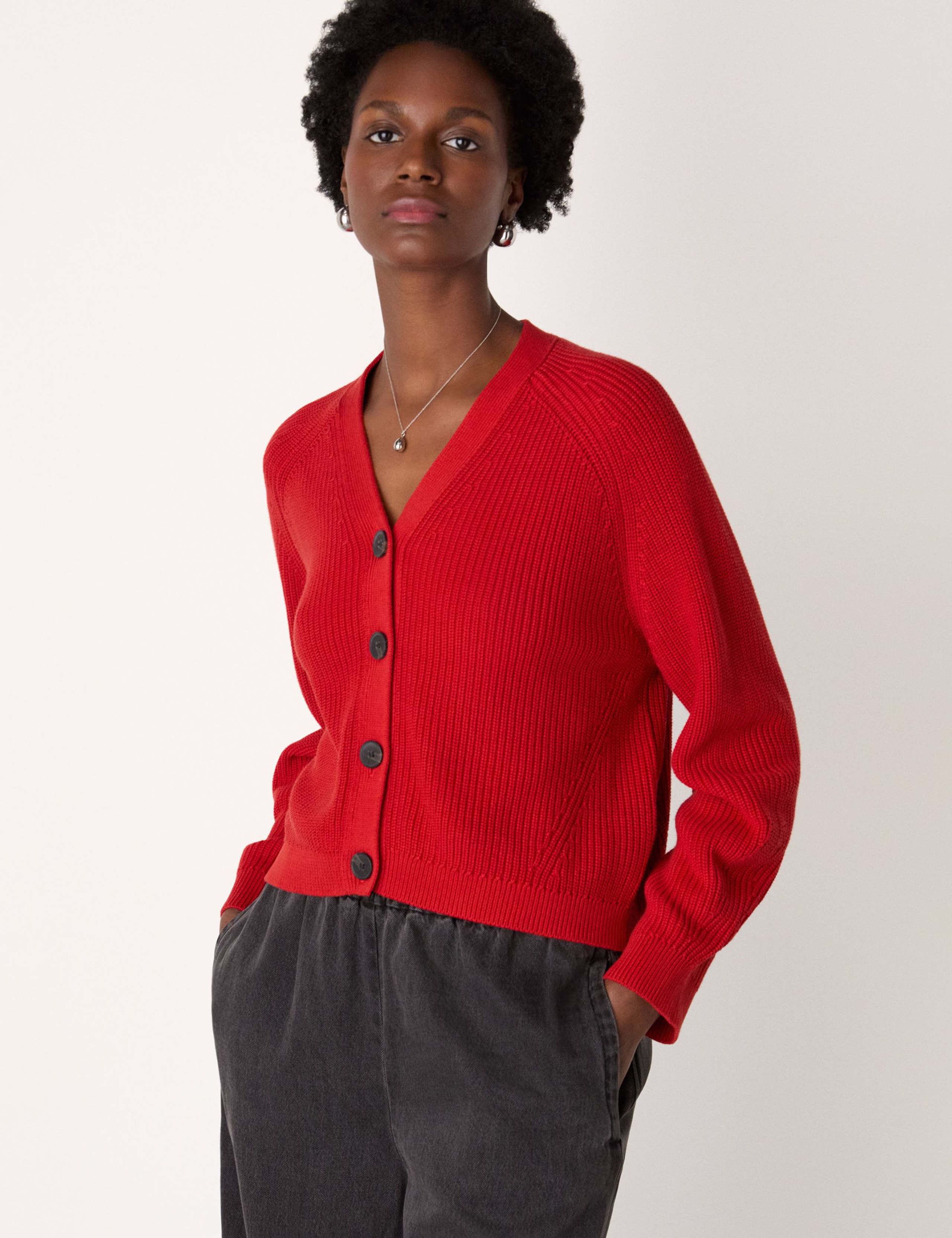 Pure Cotton Ribbed V-Neck Cardigan