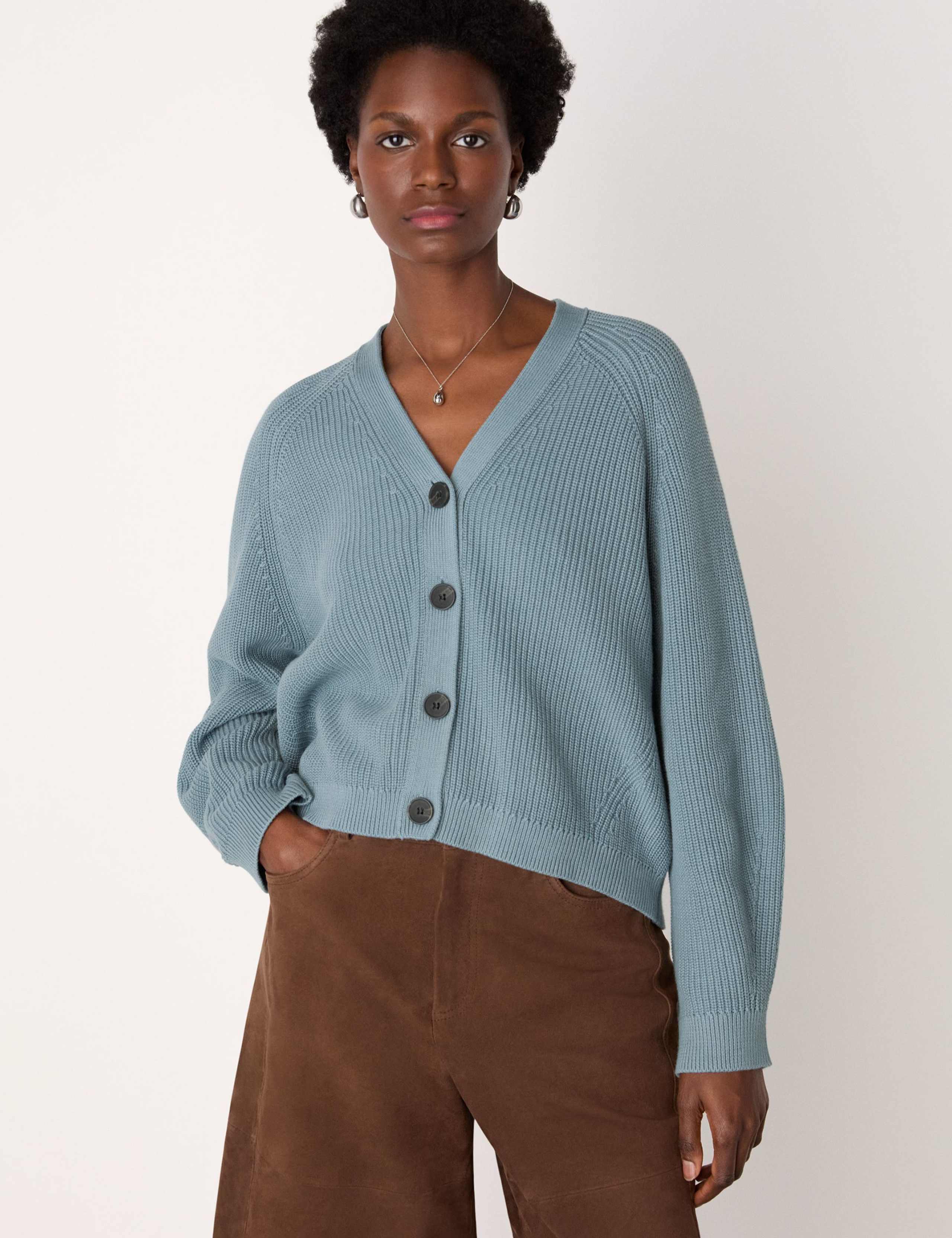 Pure Cotton Ribbed V-Neck Cardigan