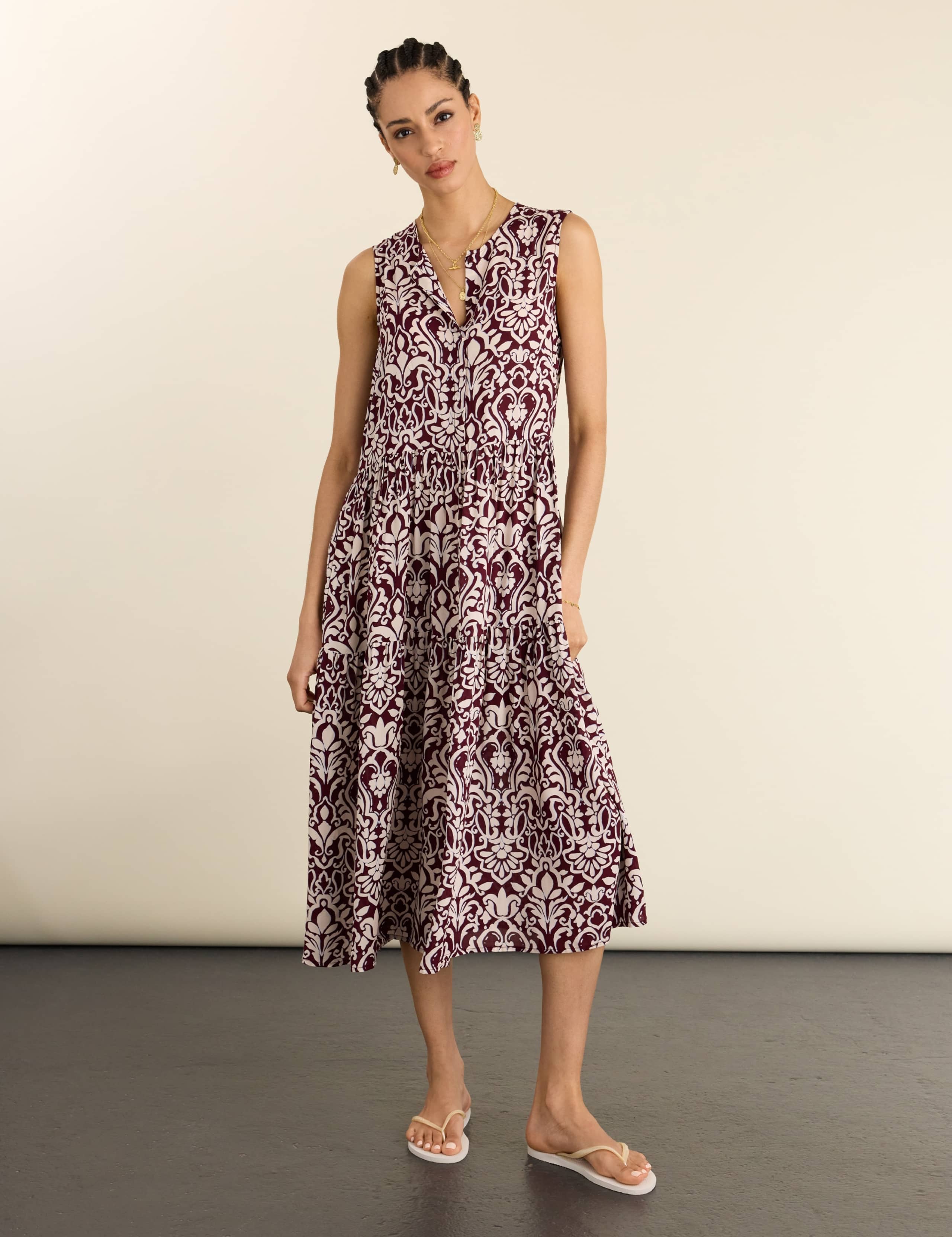 Printed Sleeveless Midi Tiered Dress