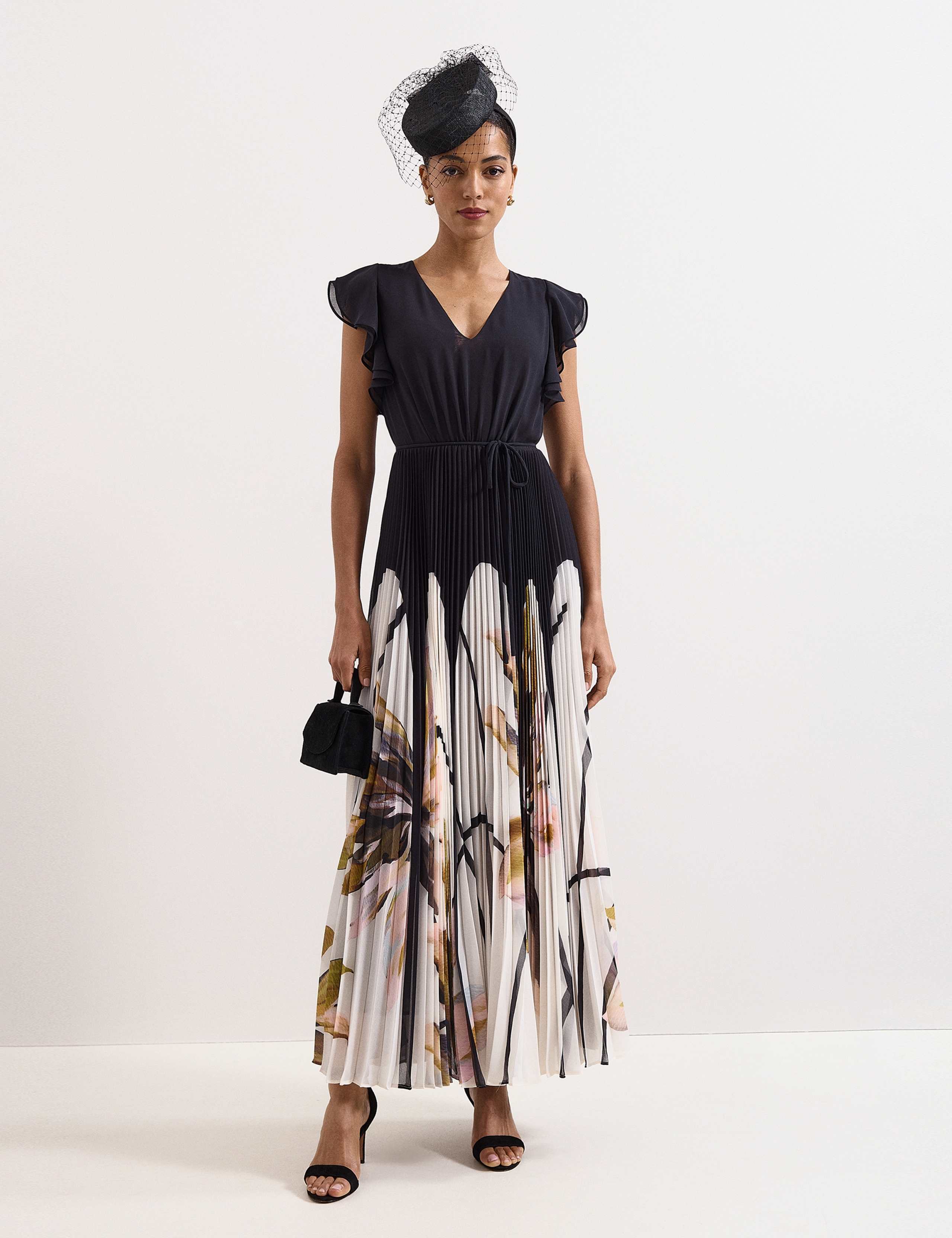 Floral V-Neck Pleated Maxi Waisted Dress