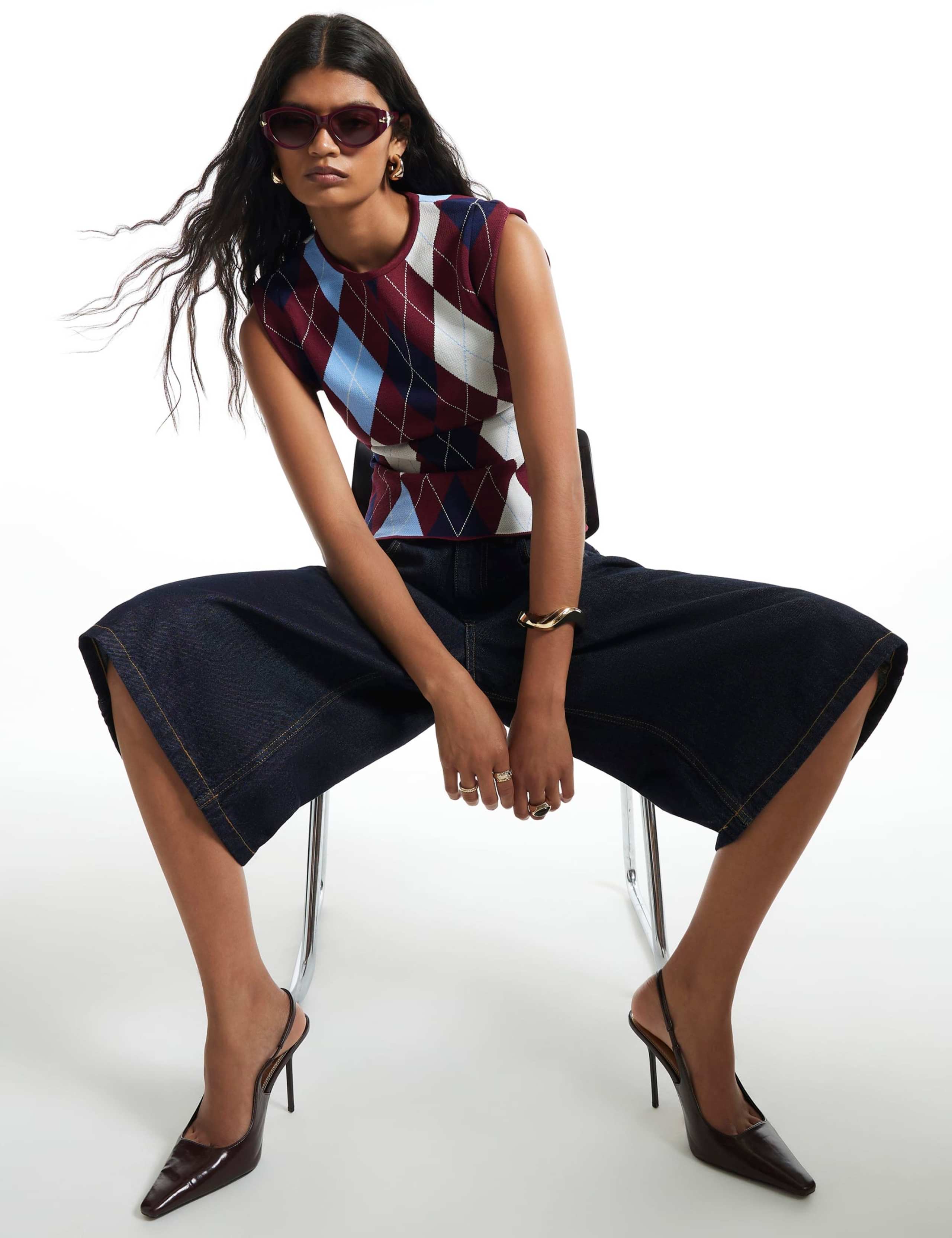 Pure Cotton Argyle Fitted Knitted Top