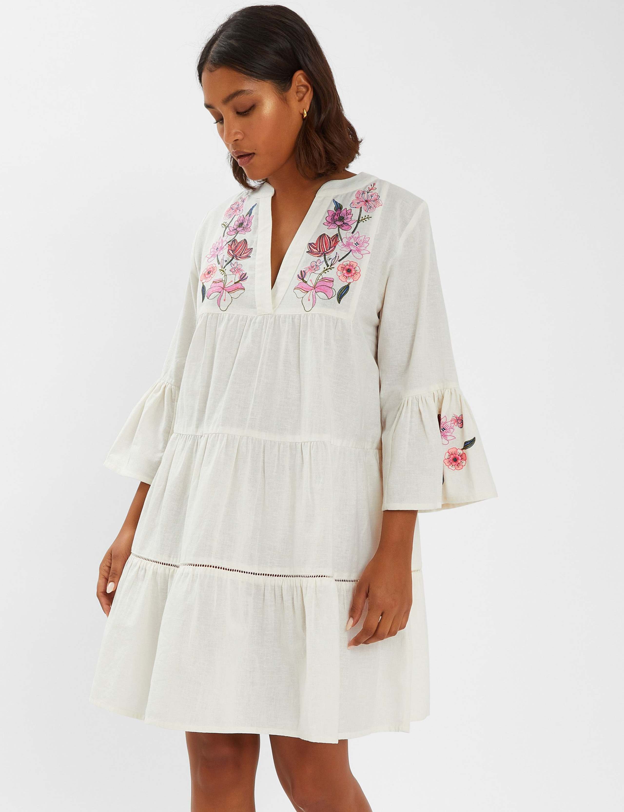 Cotton Rich V-Neck Mini Beach Dress with Linen