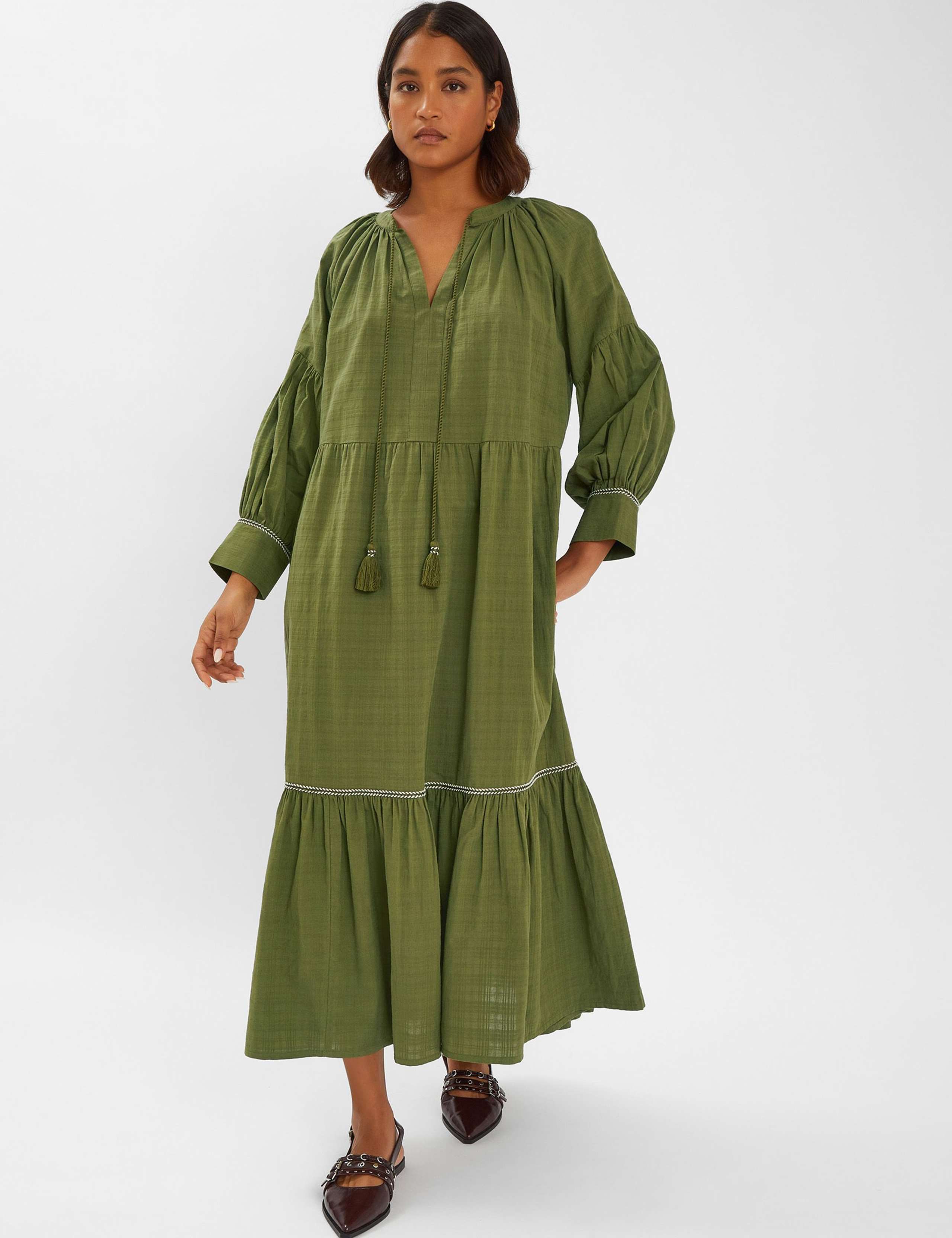 Pure Cotton V-Neck Maxi Tiered Beach Dress