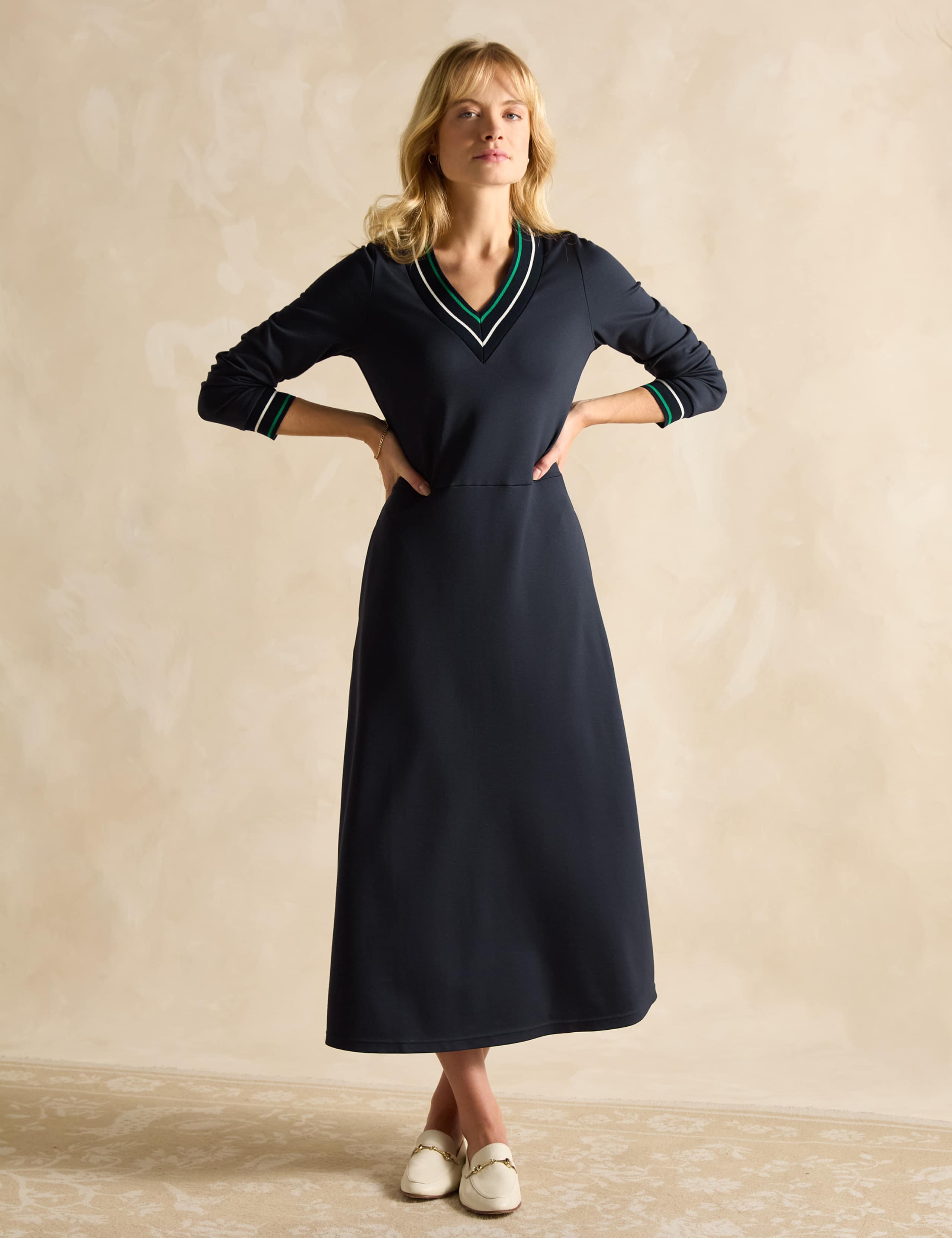 V-Neck Midi Waisted Dress