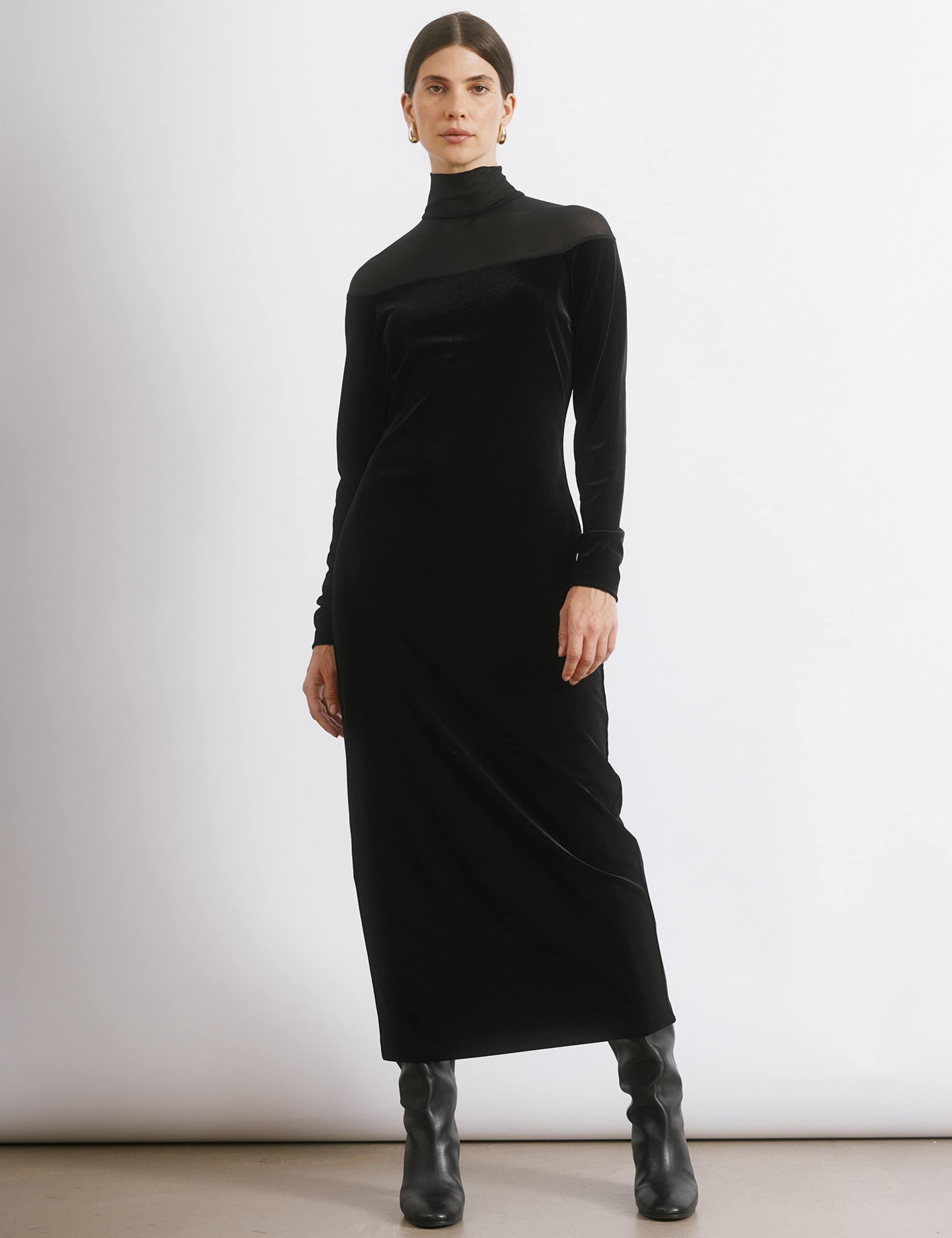 Mesh & Velvet Funnel Neck Midi Column Dress