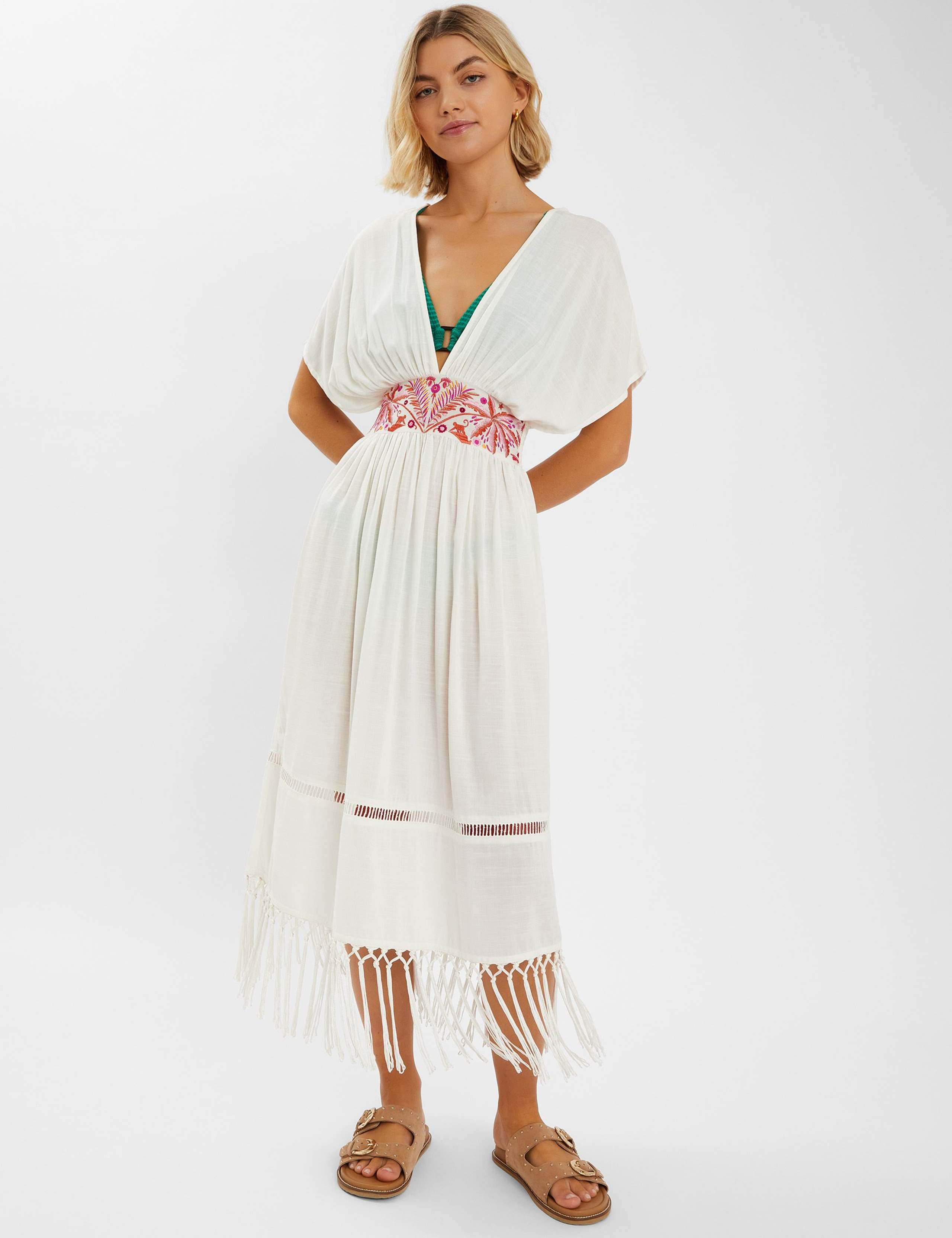 Embroidered V-Neck Fringe Midi Kaftan