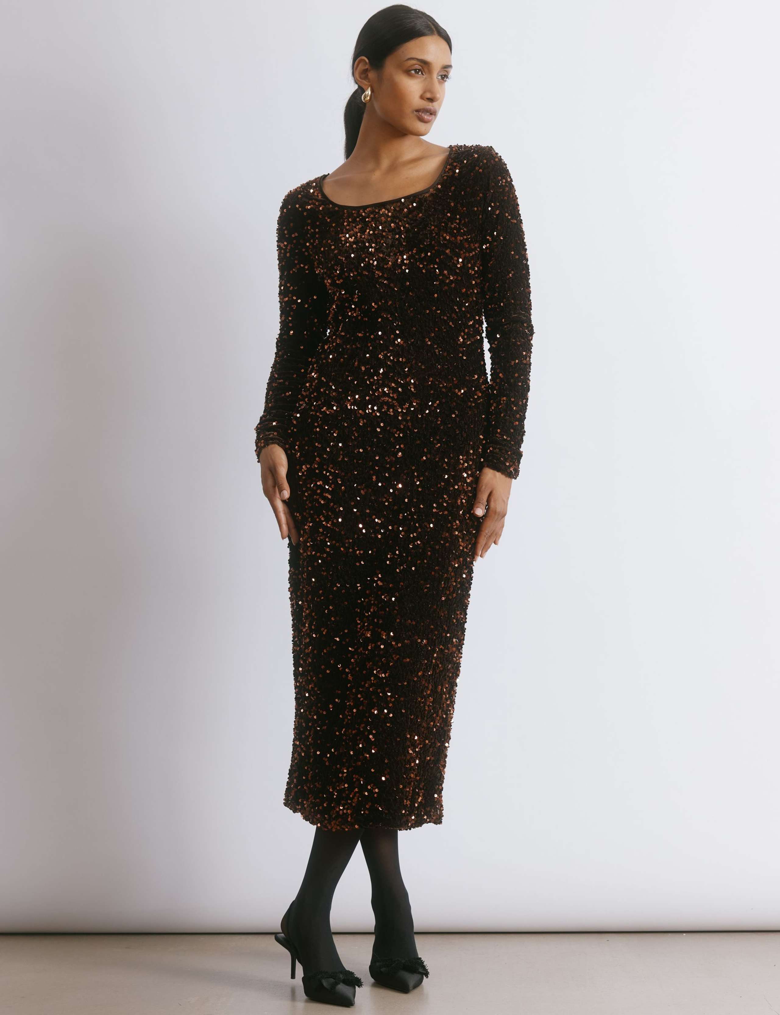 Velvet Sequin Square Neck Midi Column Dress
