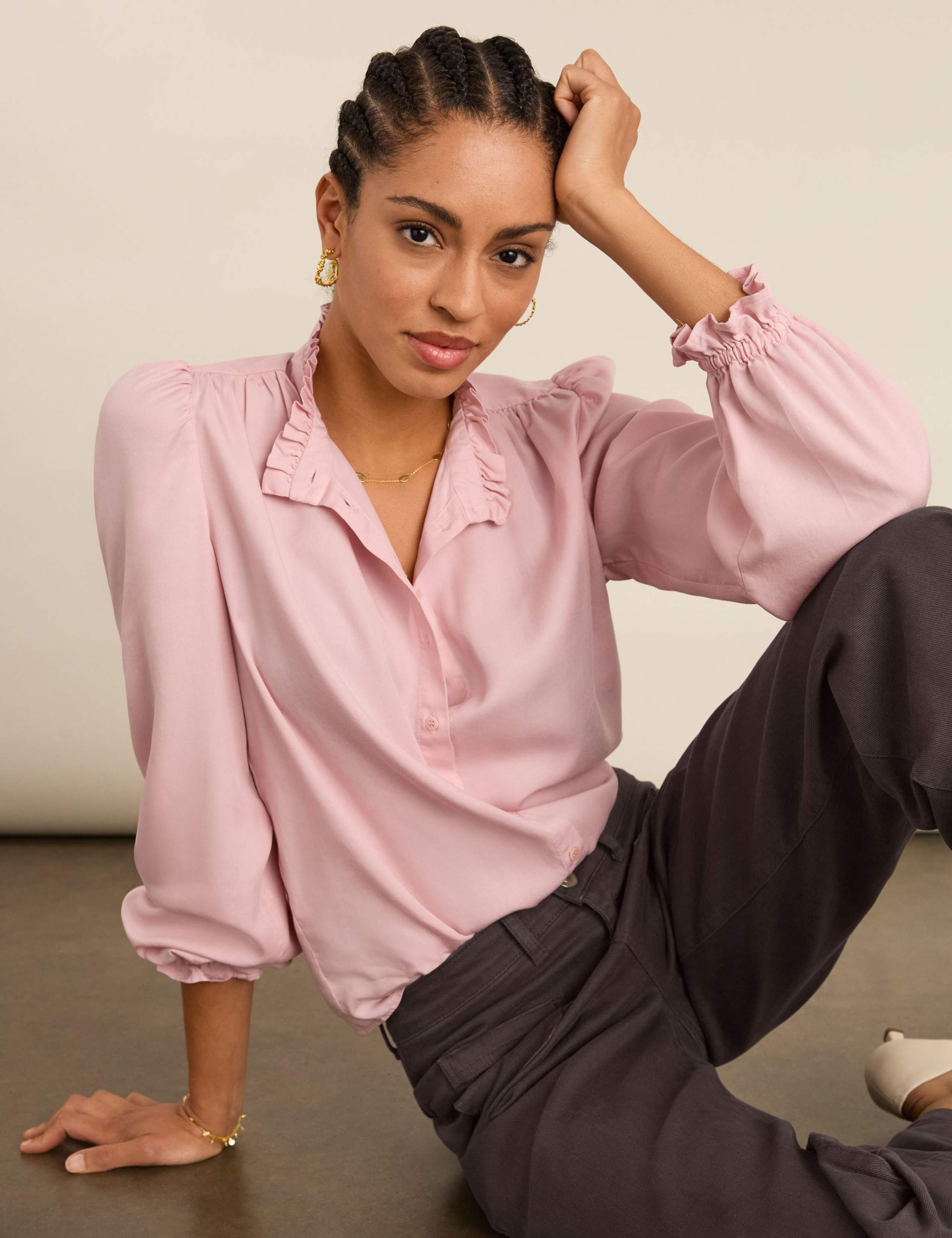 Pure Lyocell Frill Neck Blouse