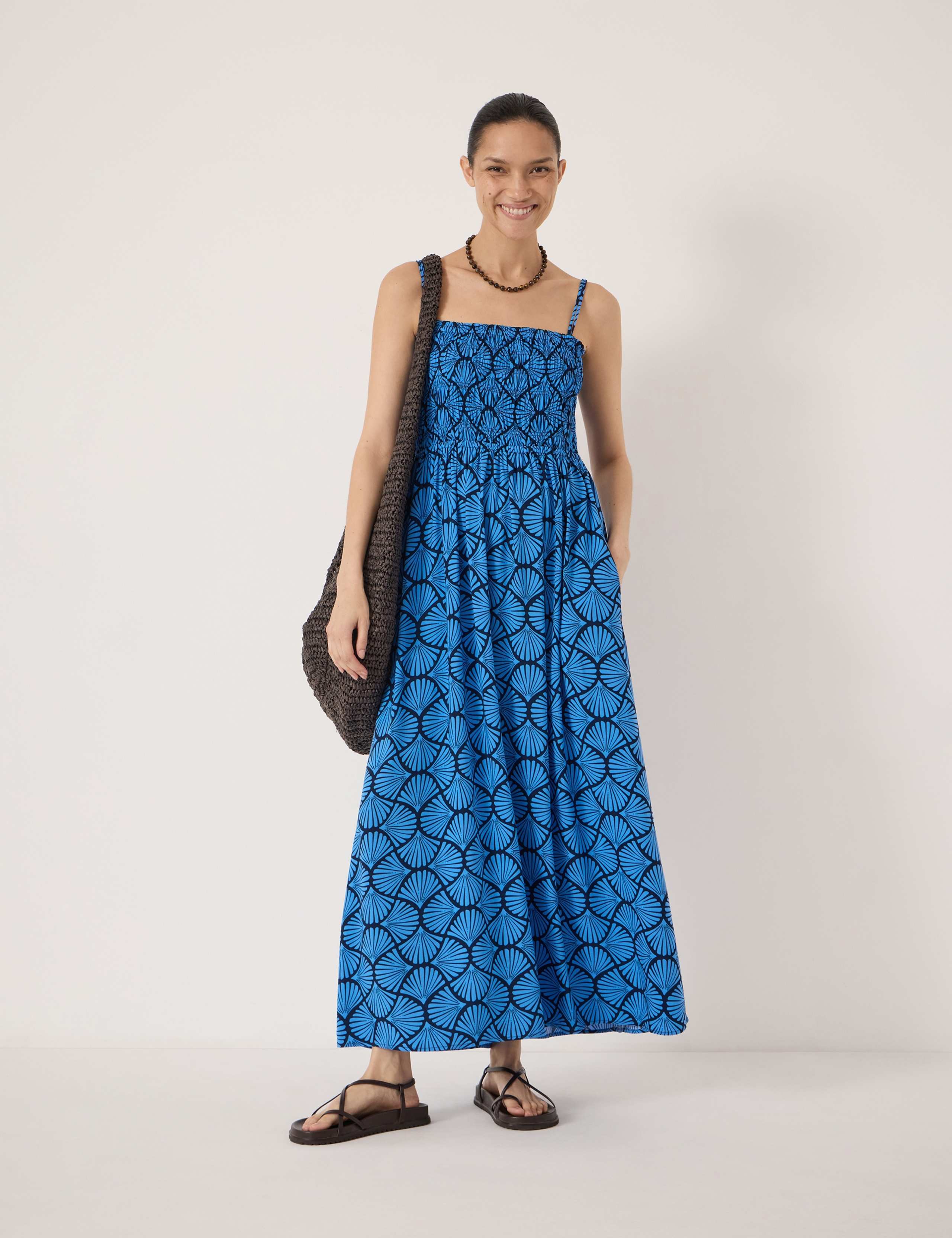 Geometric Square Neck Maxi Shirred Dress