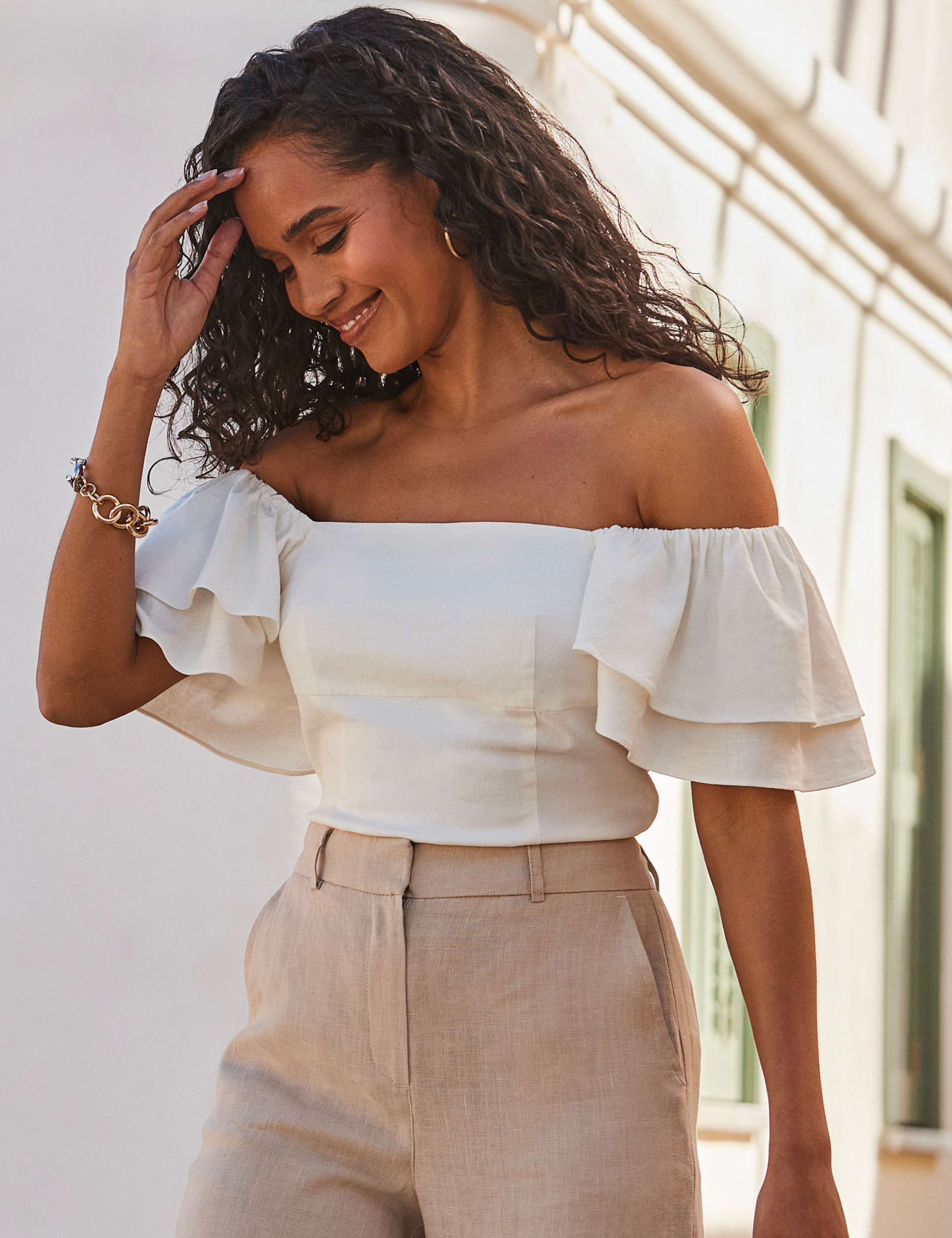 Linen Blend Square Neck Ruffle Sleeve Bardot Top