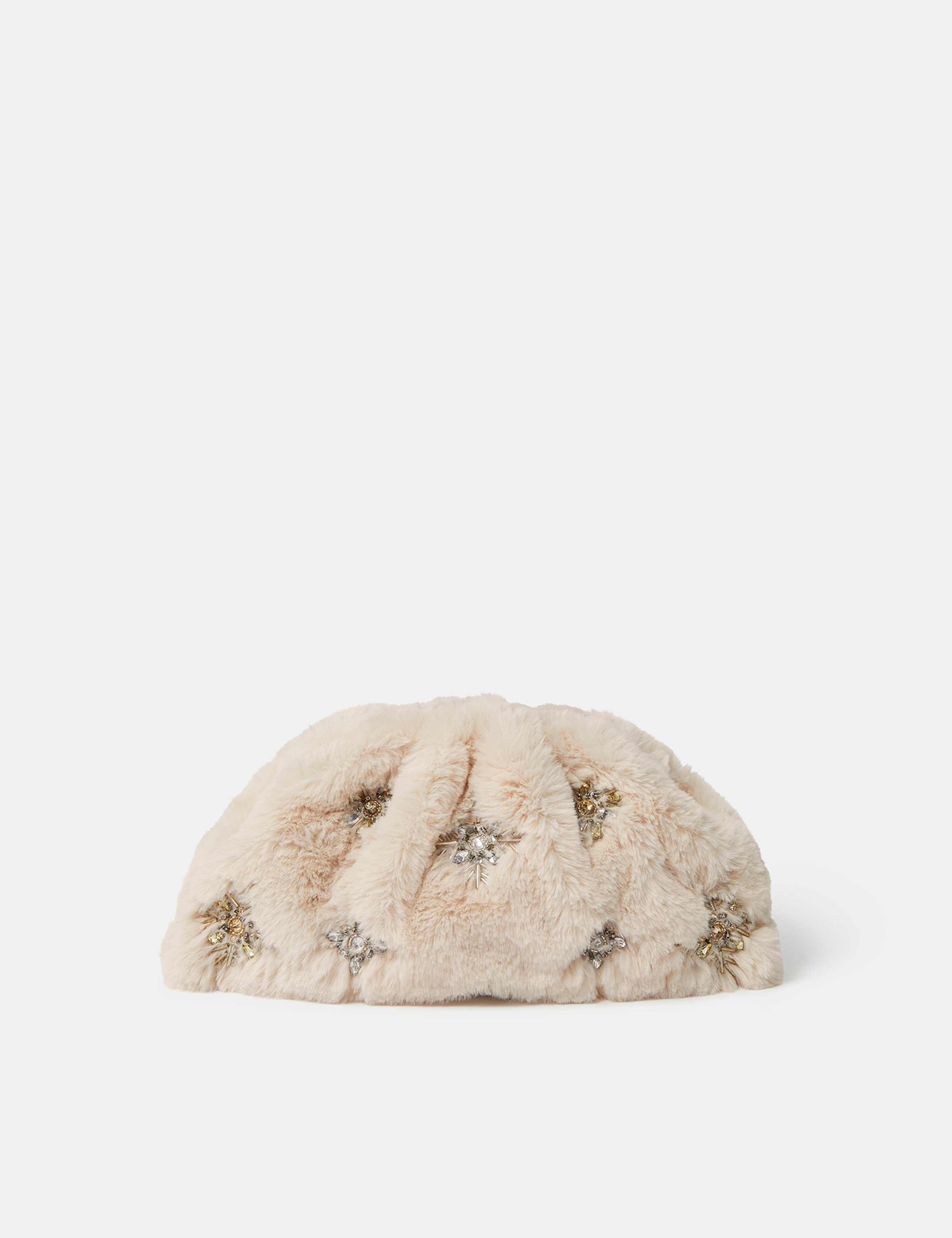 Faux Fur Brooch Embellished Clutch Bag
