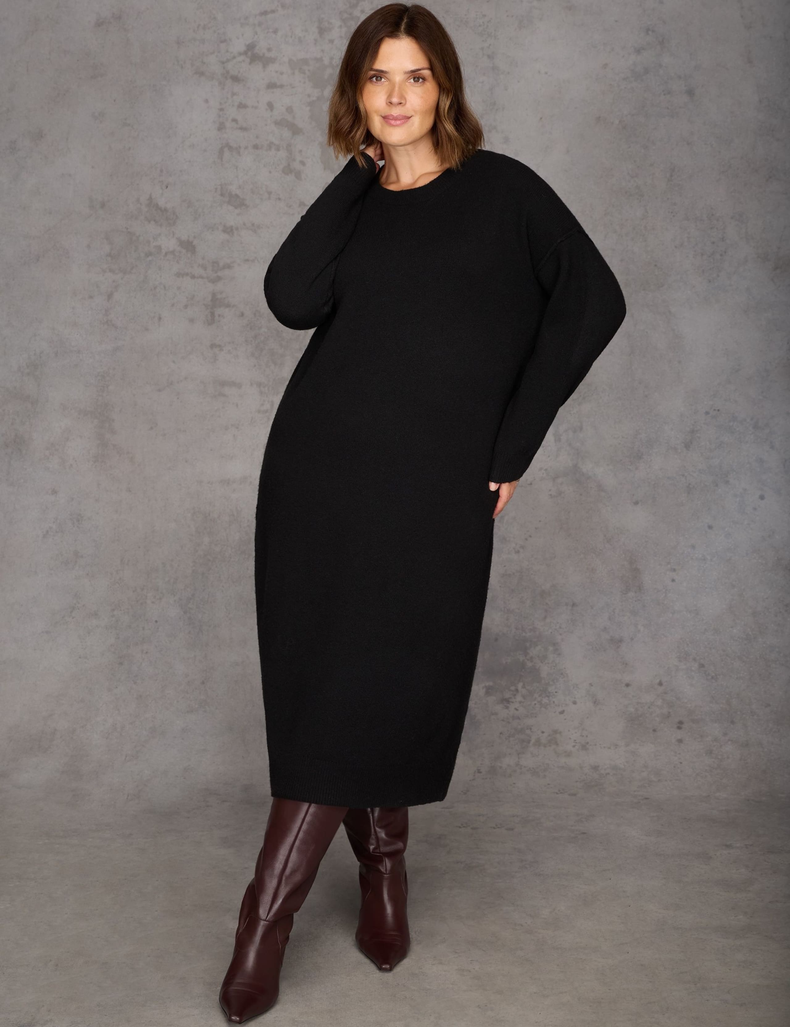 Crew Neck Midi Jumper Dress with Wool