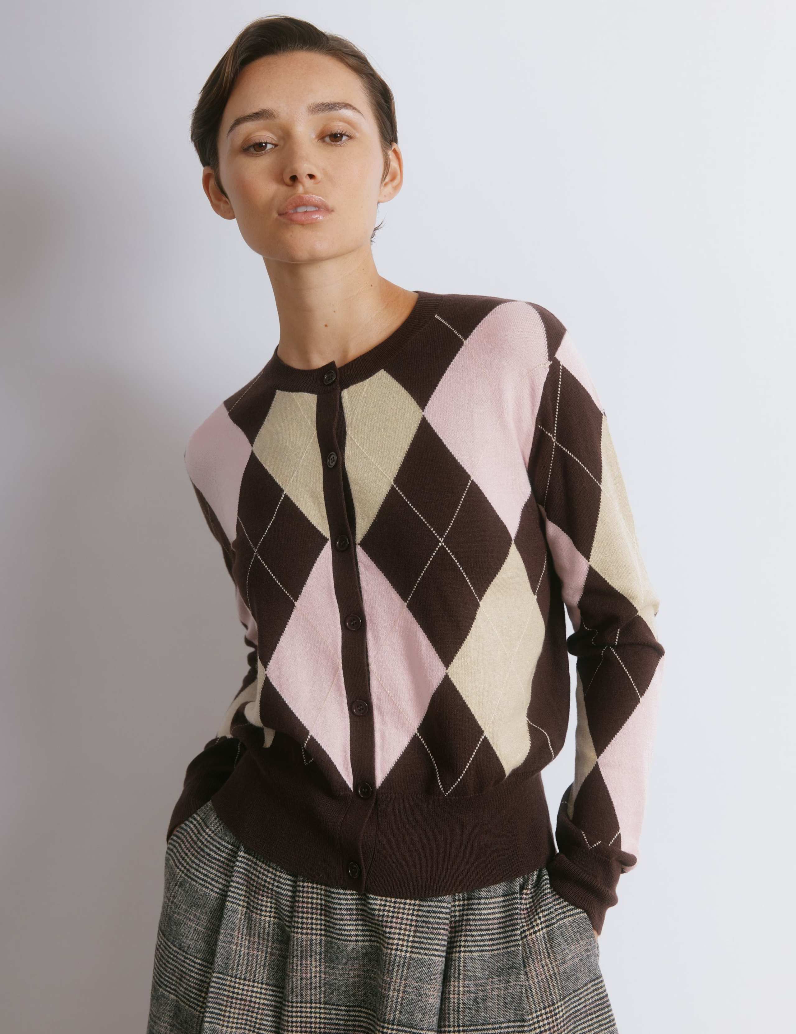 Argyle Crew Neck Cardigan with Wool