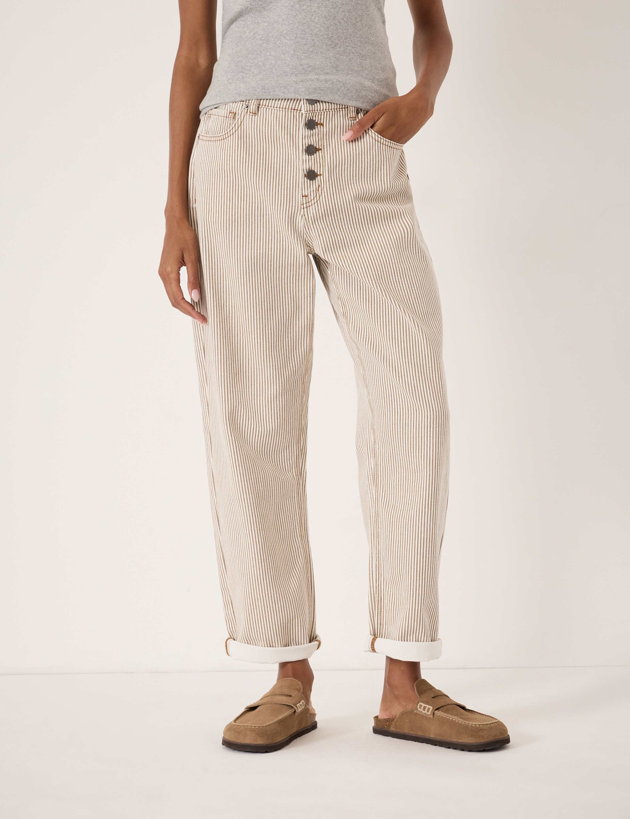Boyfriend Striped Button Front Turn Up Jeans
