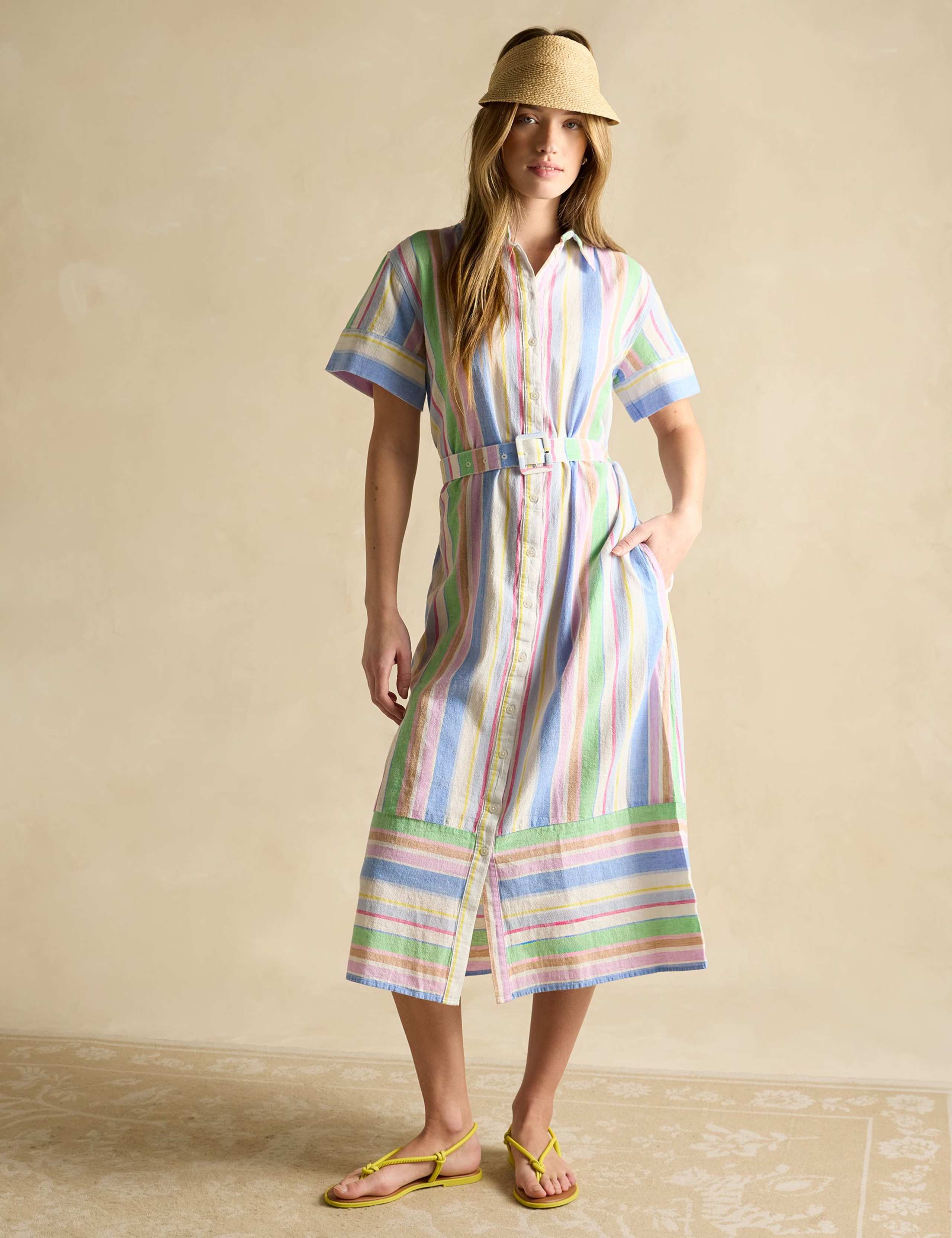 Cotton Rich Striped Belted Midi Shirt Dress