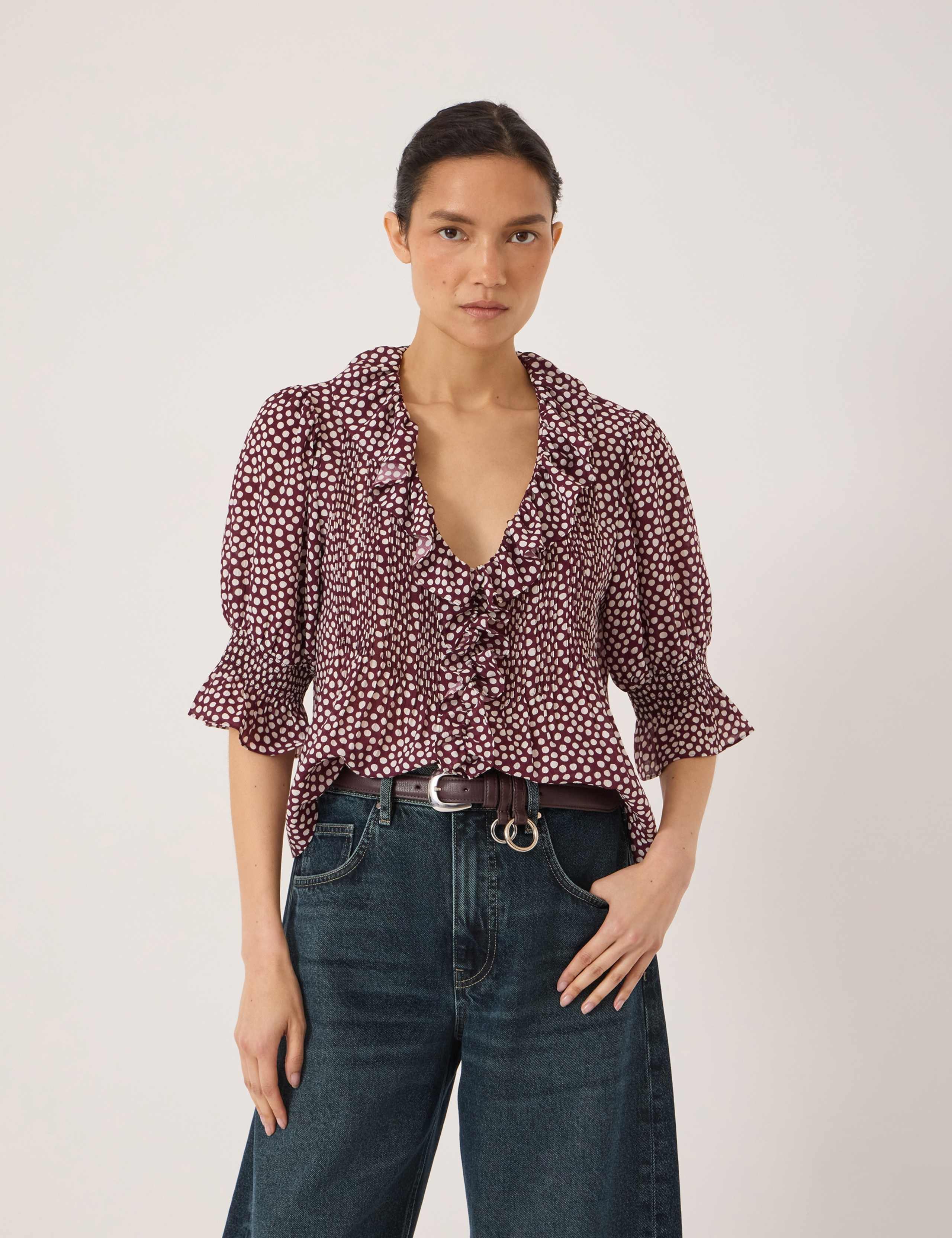 Spot Print V-Neck Relaxed Ruffle Blouse