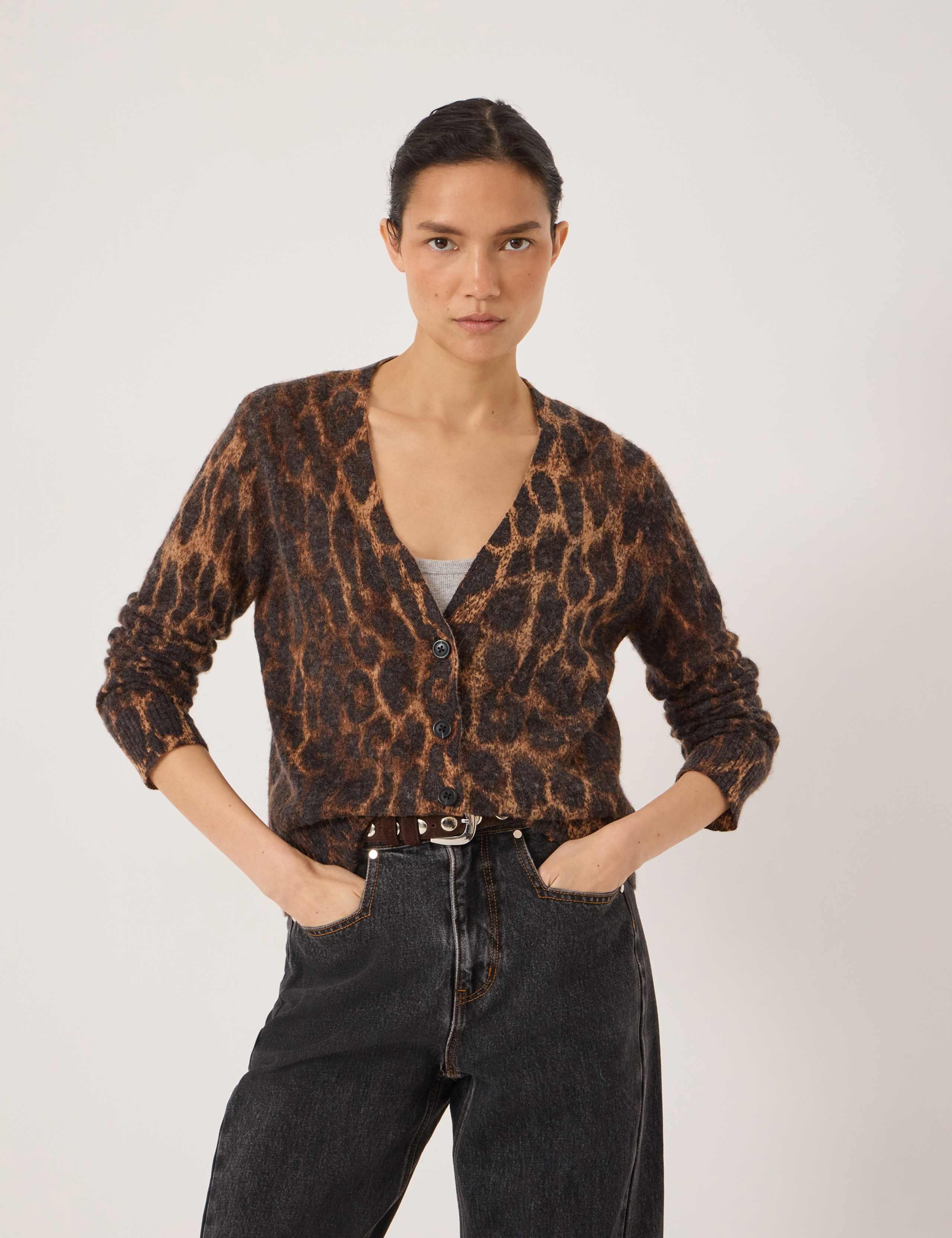 Alpaca Blend Animal Print V-Neck Cardigan