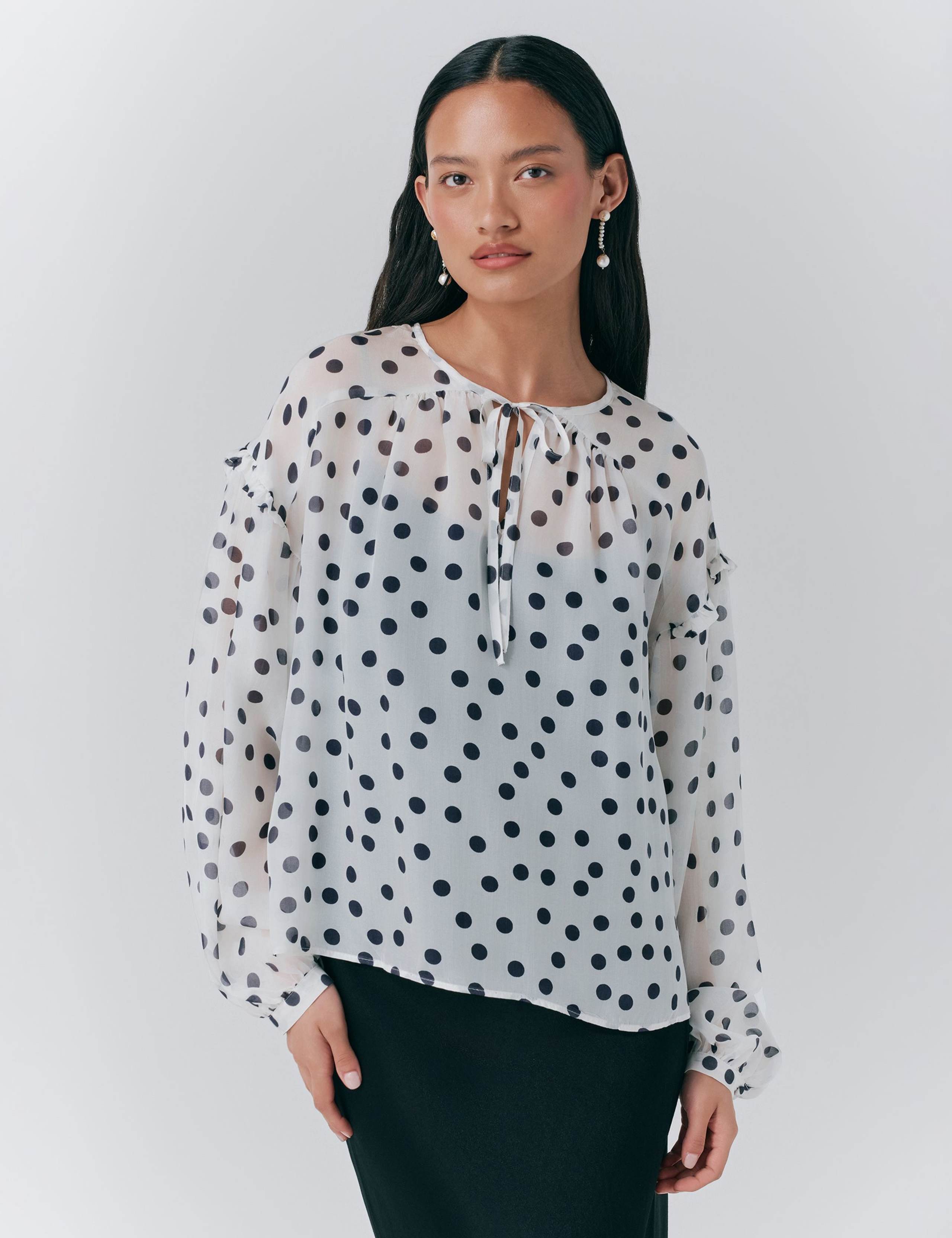 Pure Silk Polka Dot Tie Neck Blouse