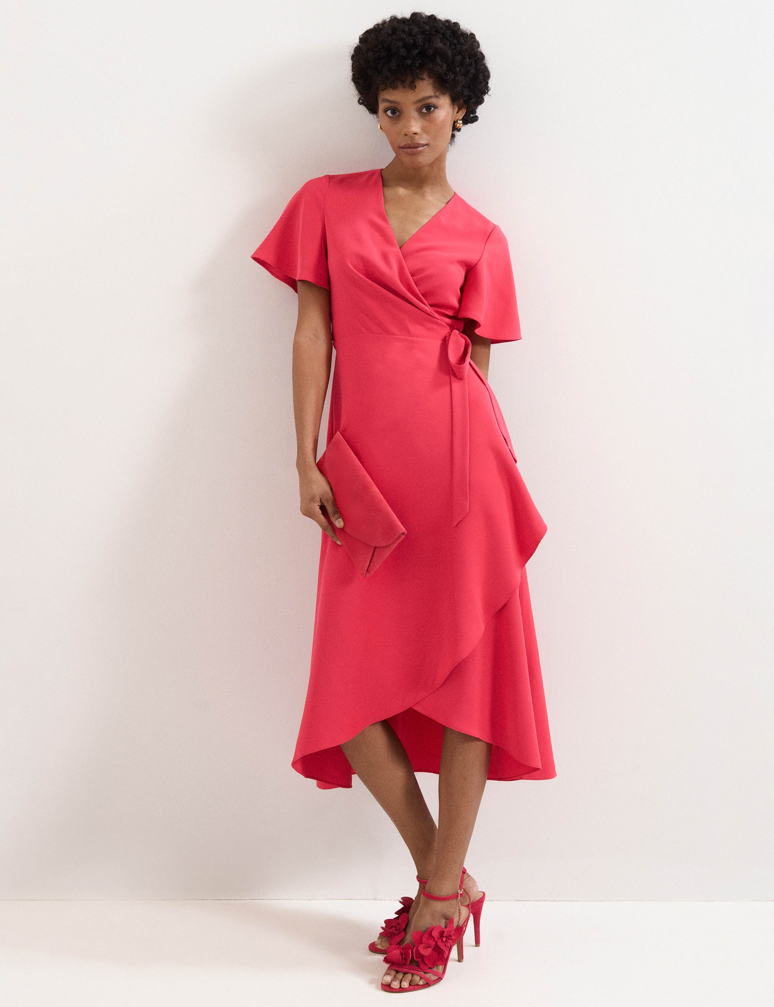 V-Neck Angel Sleeve Midi Wrap Dress