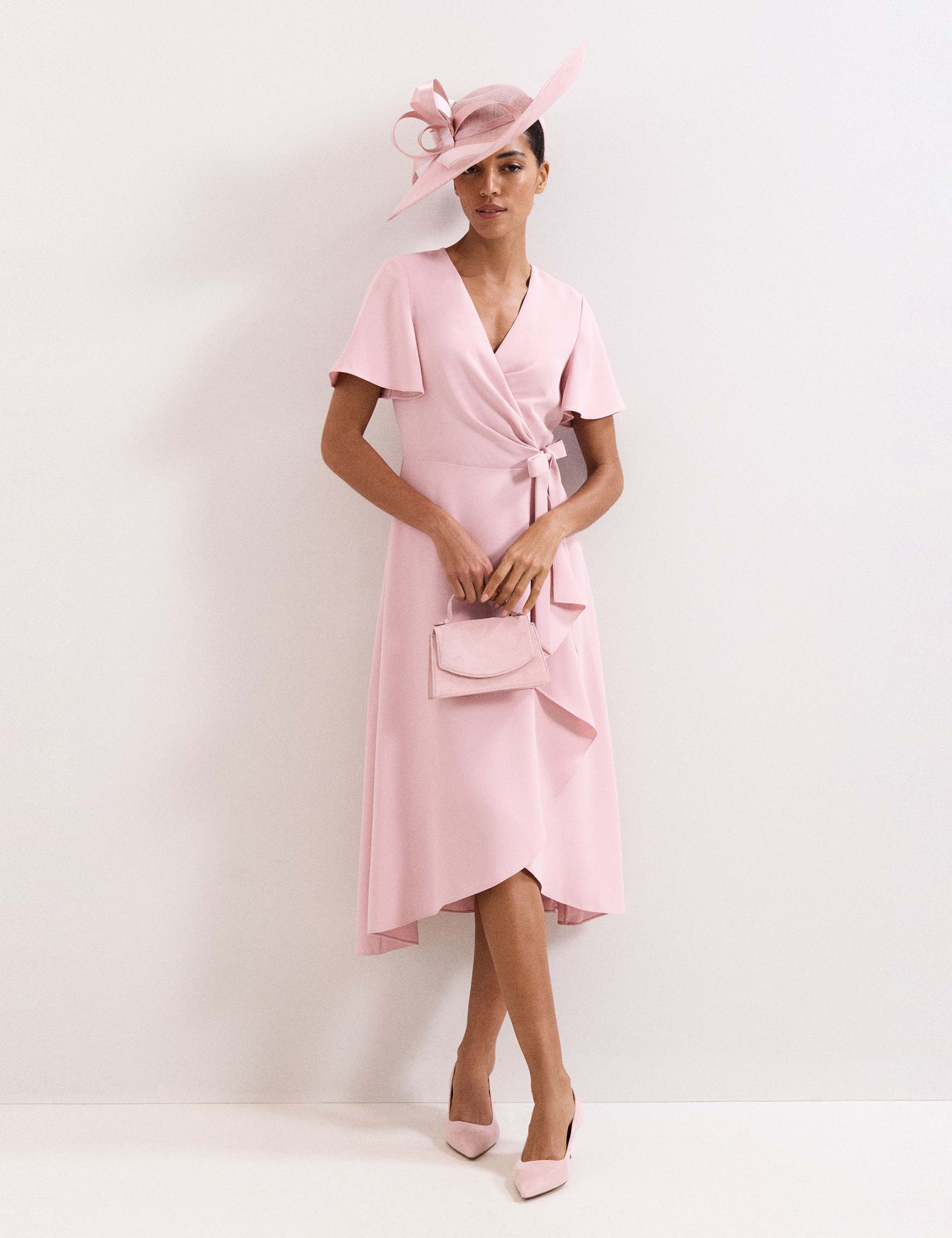 V-Neck Angel Sleeve Midi Wrap Dress