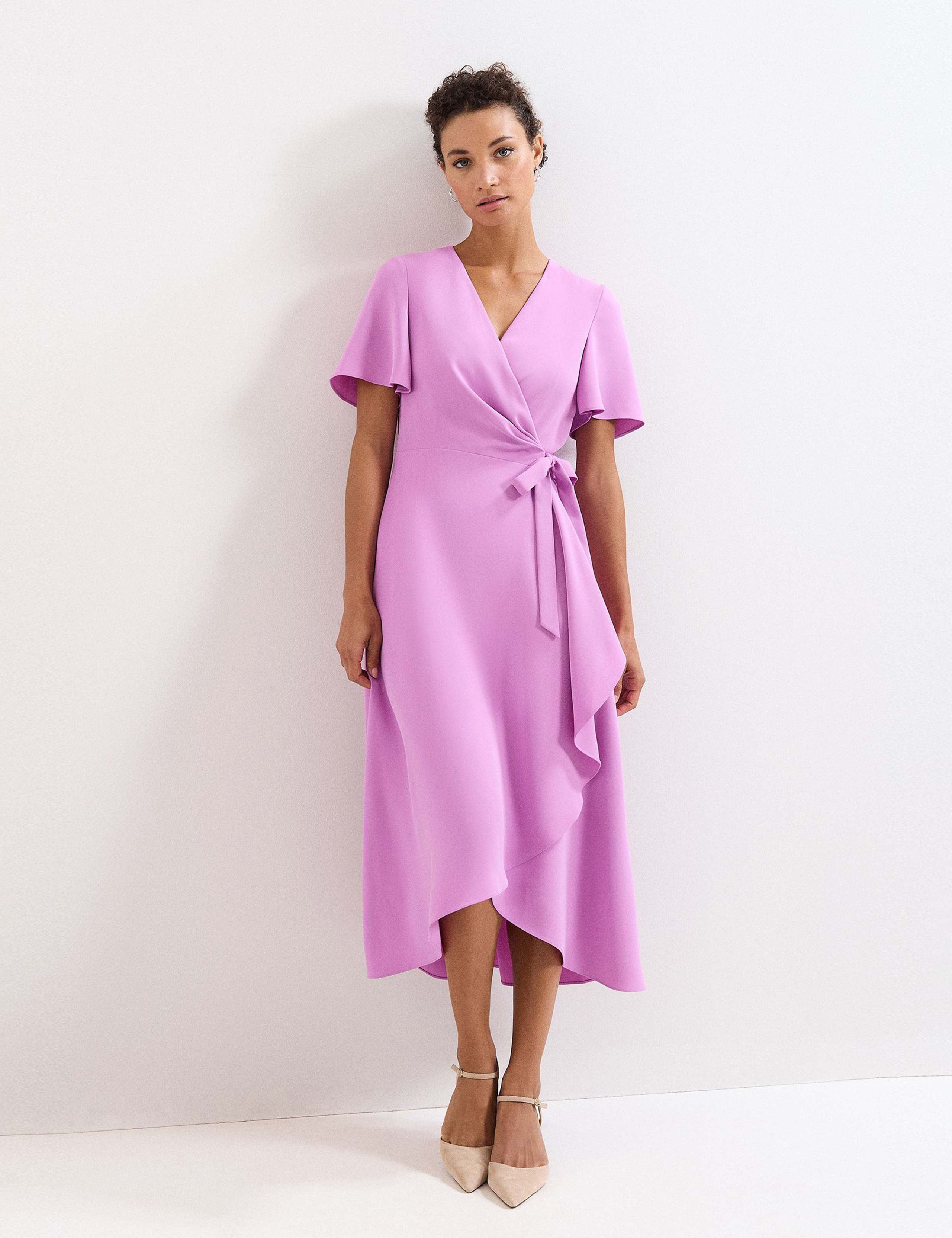 V-Neck Angel Sleeve Midi Wrap Dress