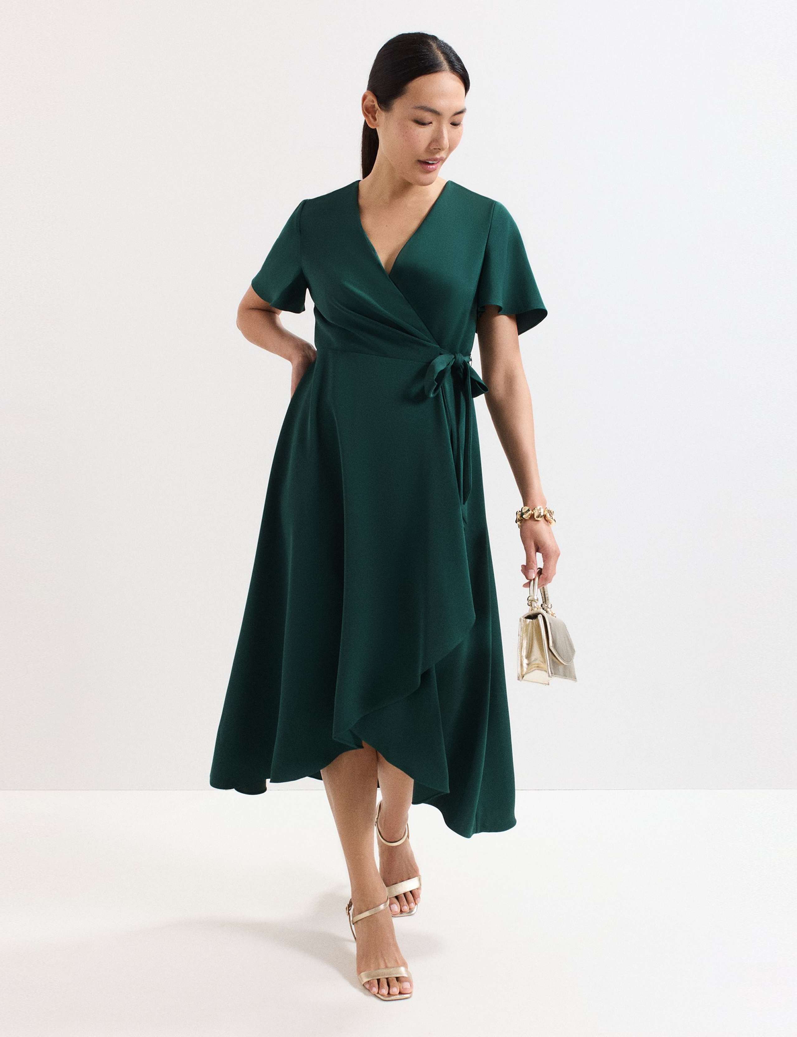 V-Neck Angel Sleeve Midi Wrap Dress