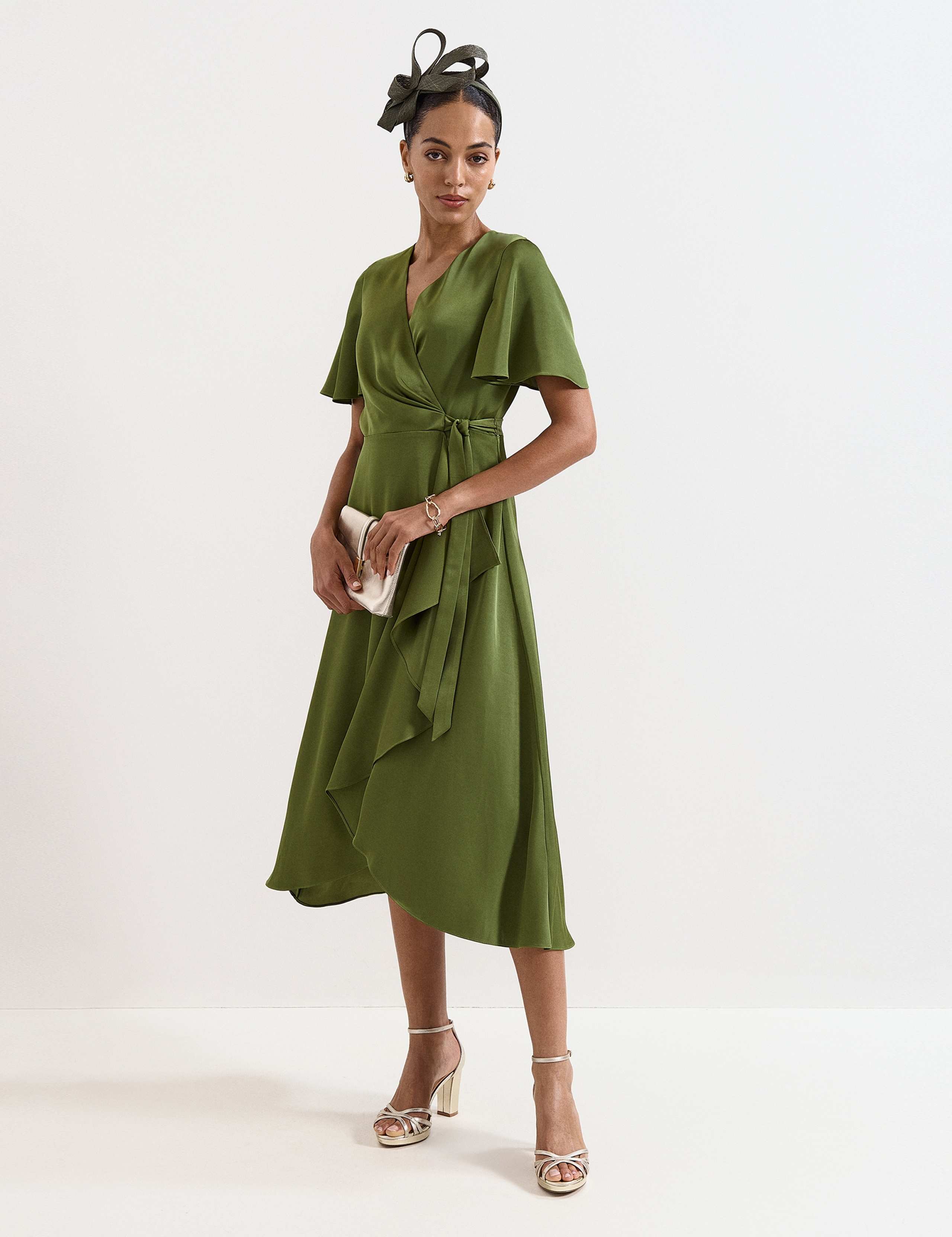 V-Neck Angel Sleeve Midi Wrap Dress