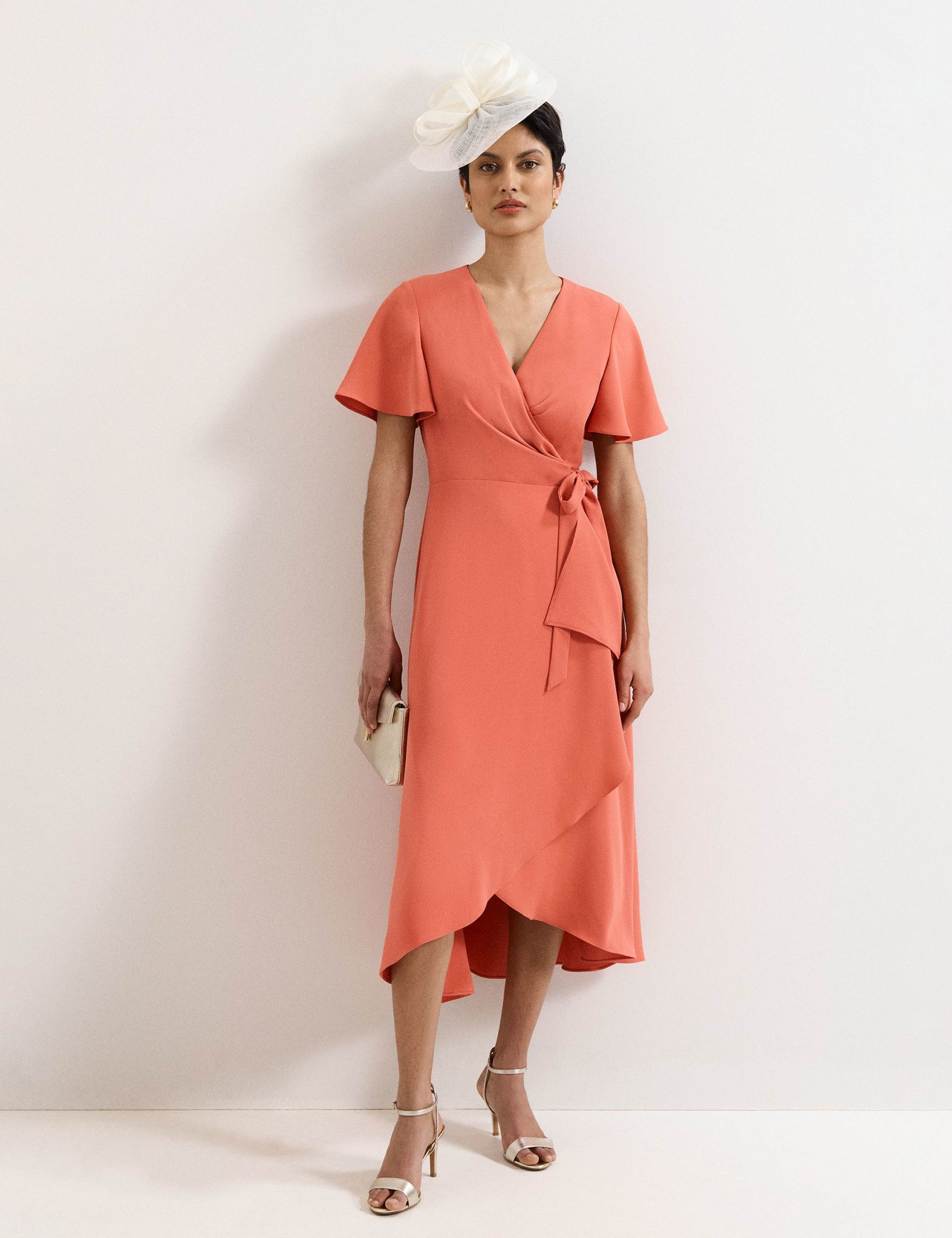 V-Neck Angel Sleeve Midi Wrap Dress