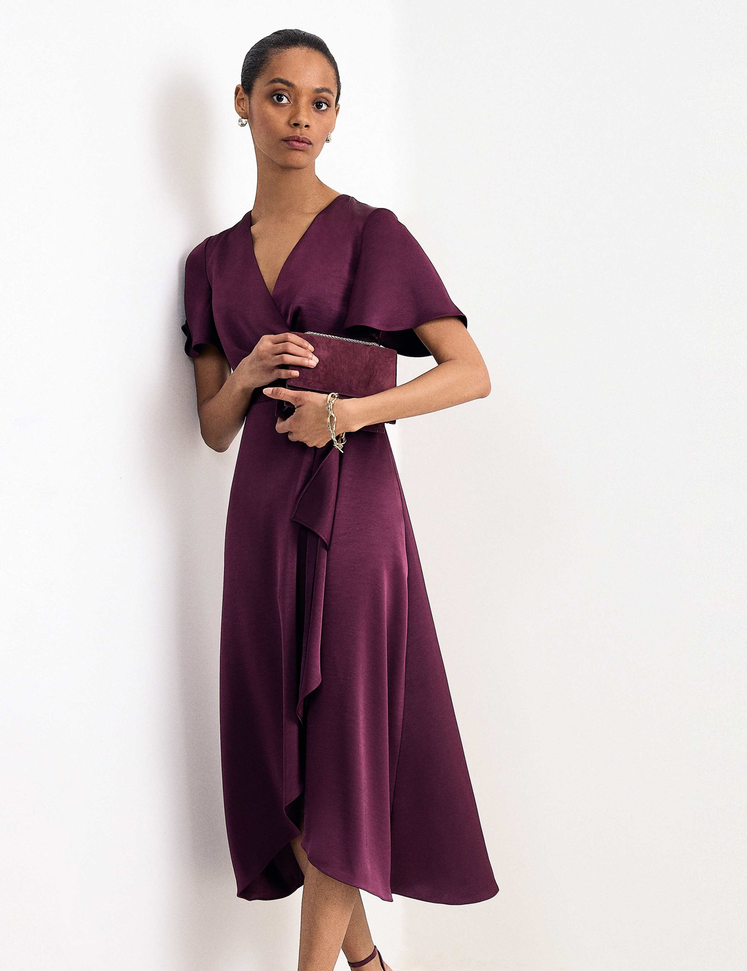V-Neck Angel Sleeve Midi Wrap Dress