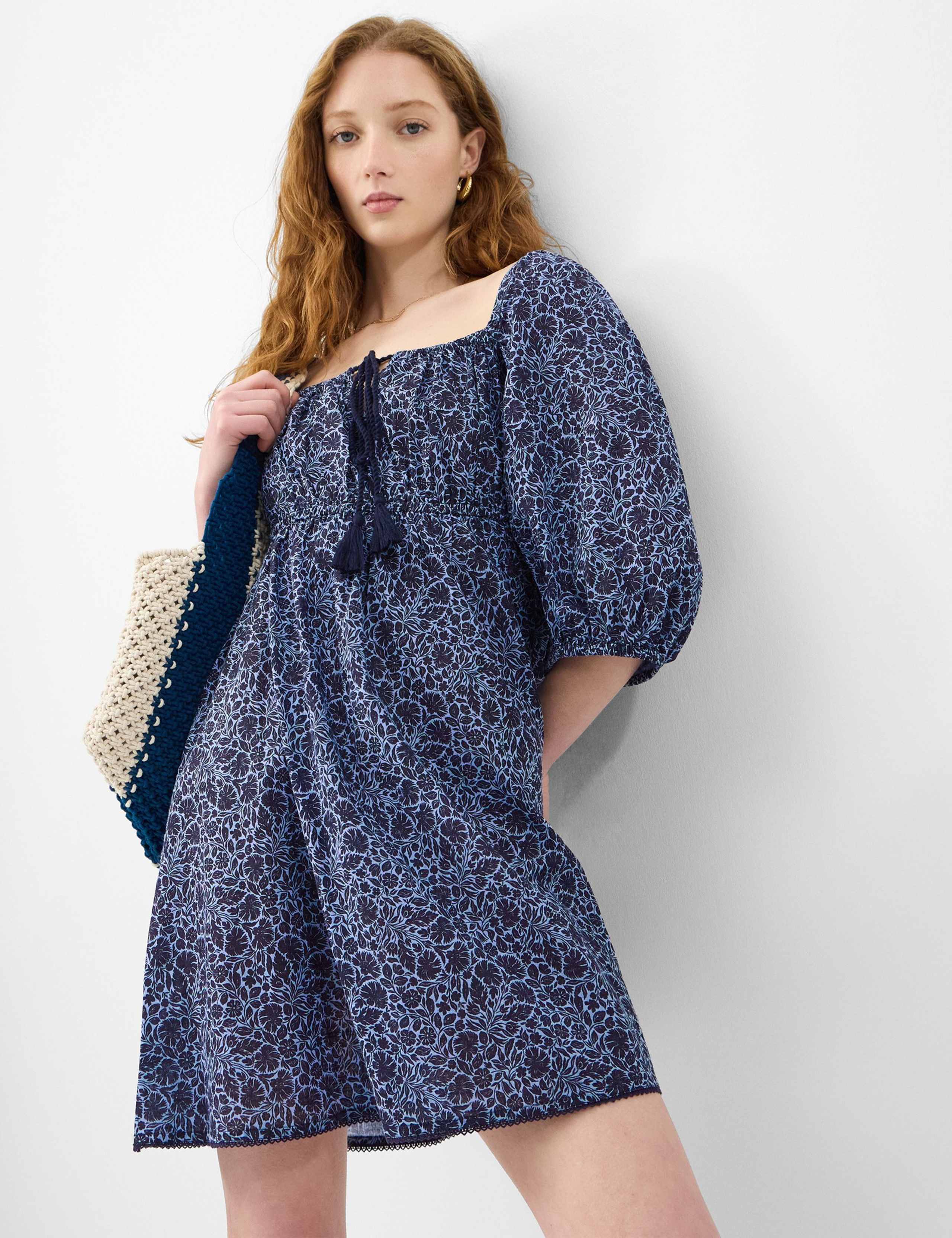 Floral Tie Front Puff Sleeve Mini Beach Dress