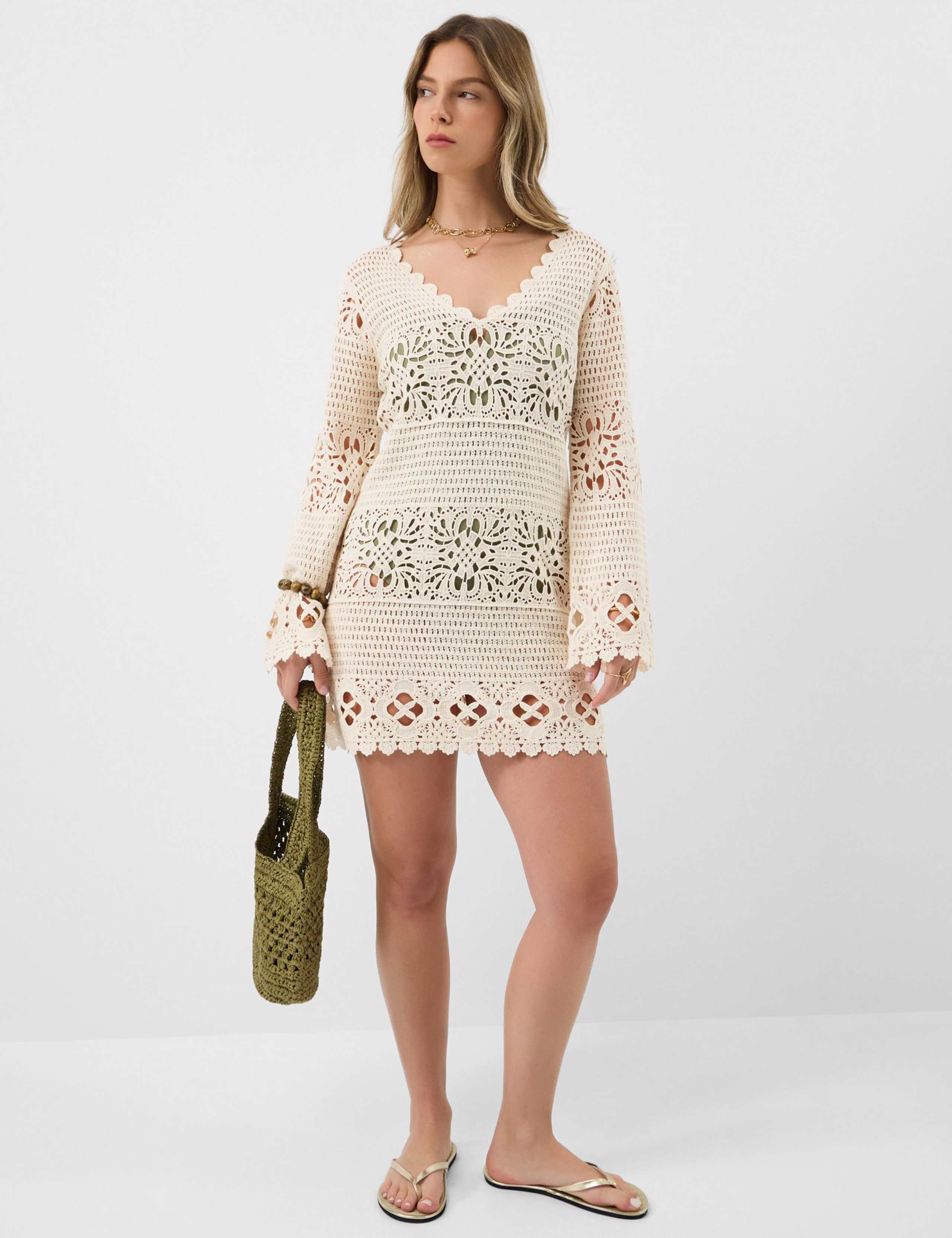 Pure Cotton Knitted V-Neck Mini Beach Dress