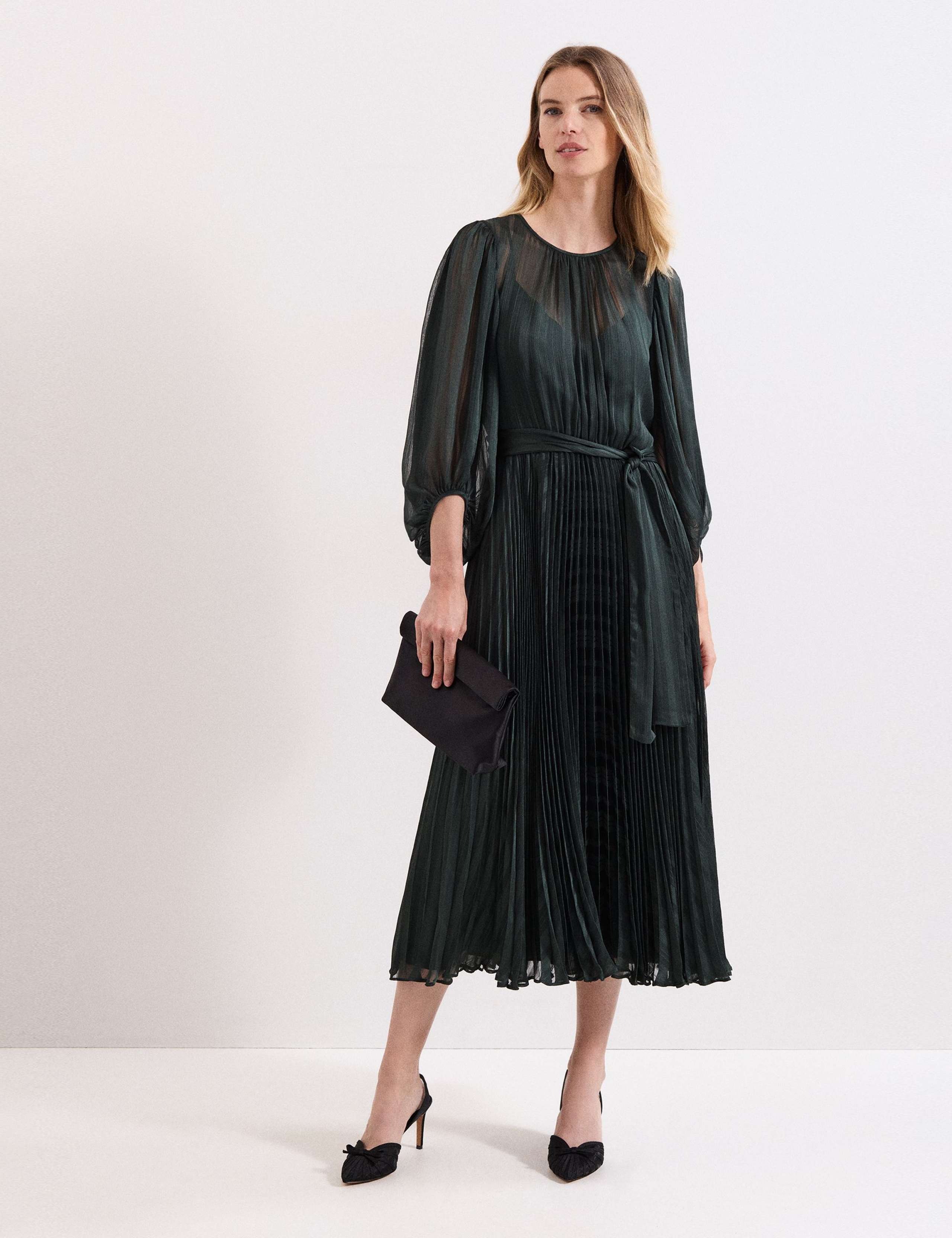 Sheer Plisse Pleated Midi Waisted Dress