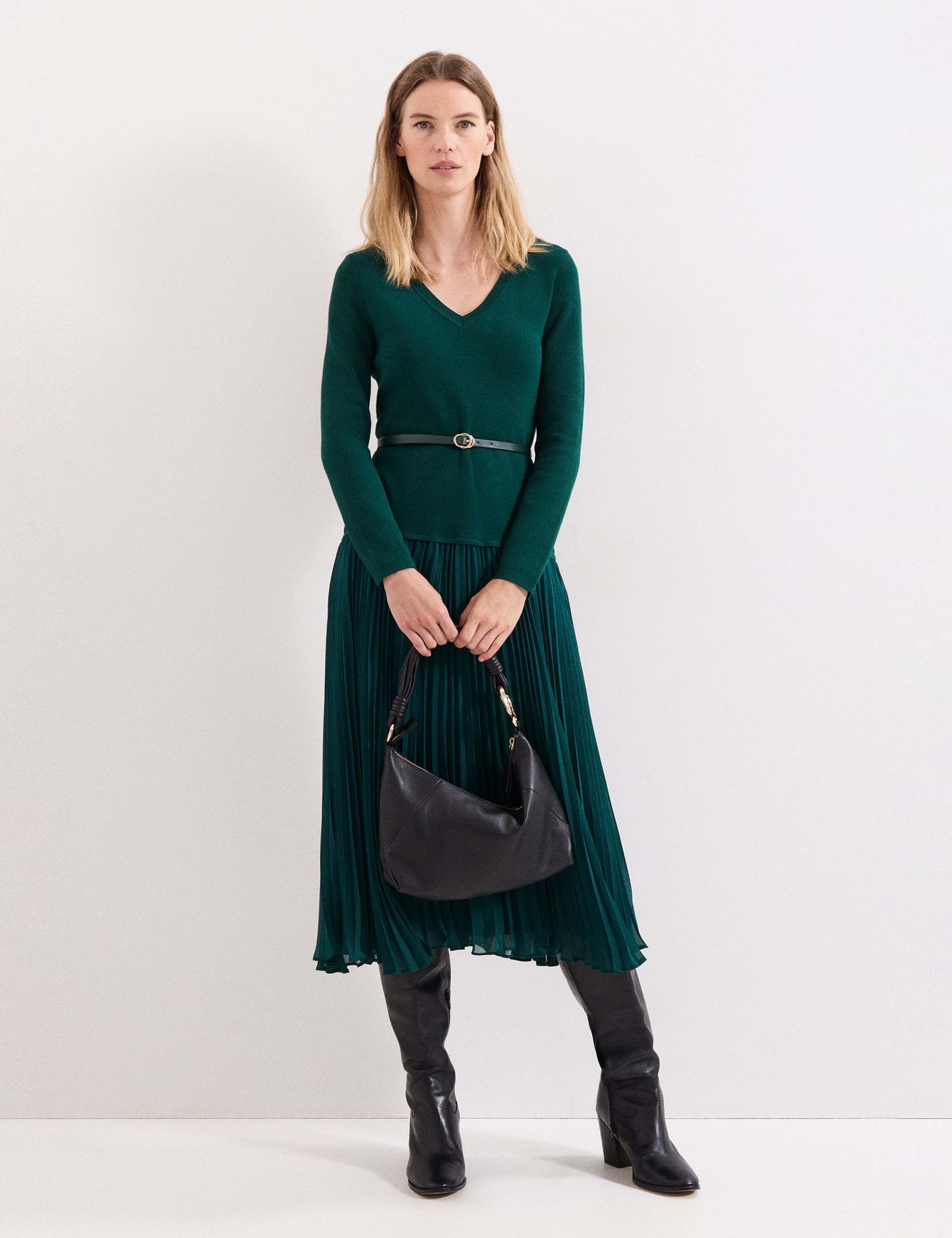 V-Neck Belted Midi Jumper Dress