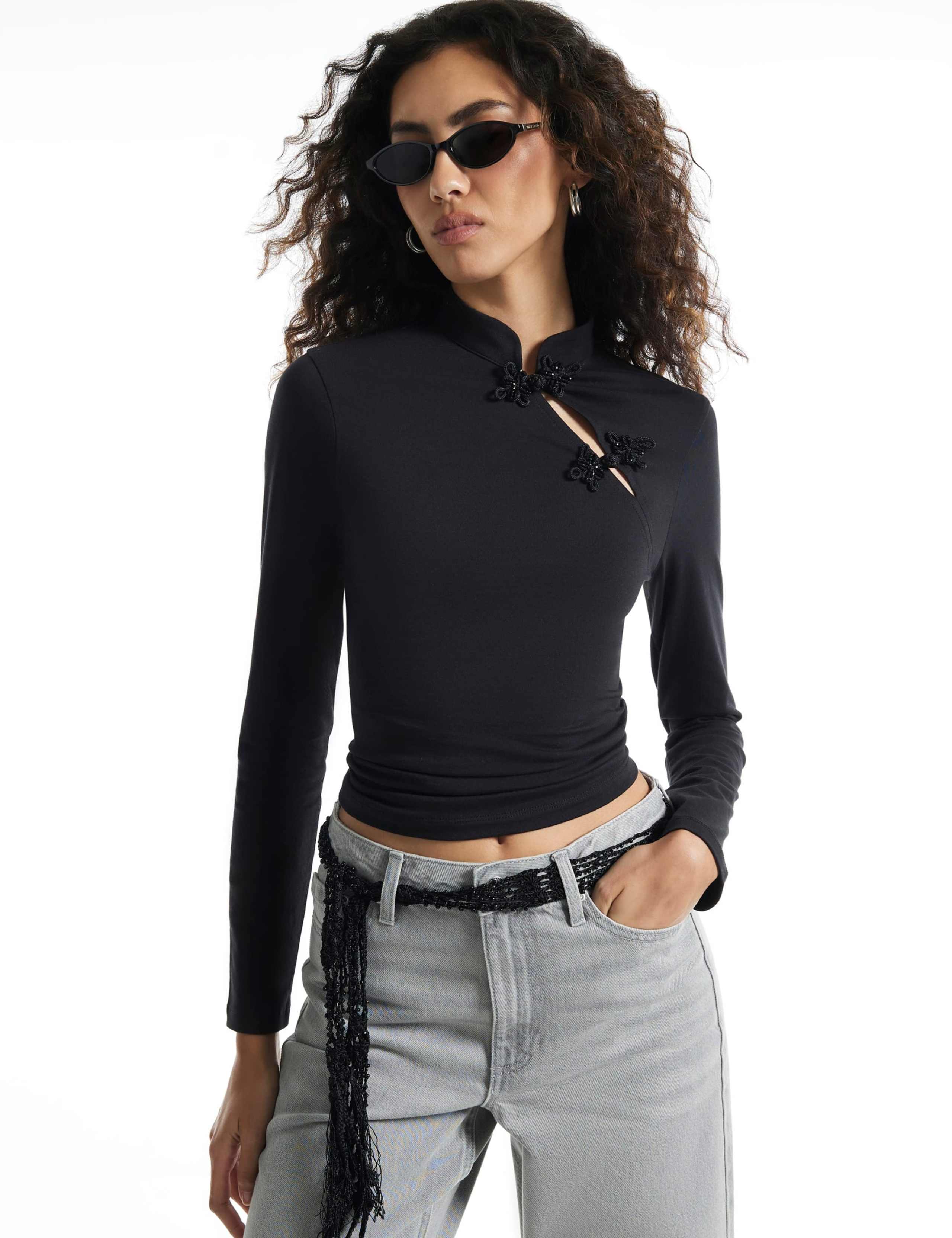 Cotton Rich Chinoiserie Sequin Roll Neck Top