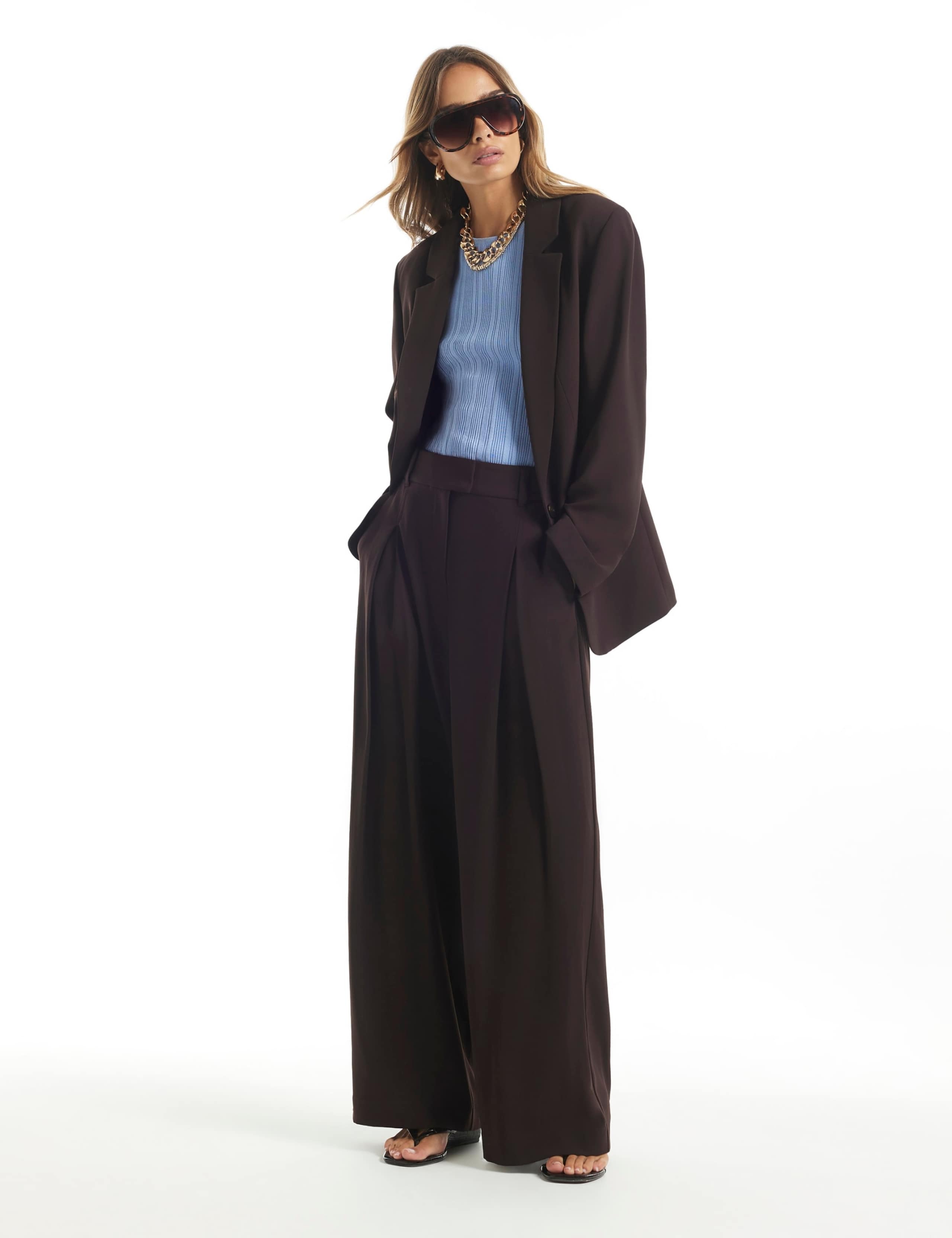 Crepe Pleat Front Wide Leg Trousers
