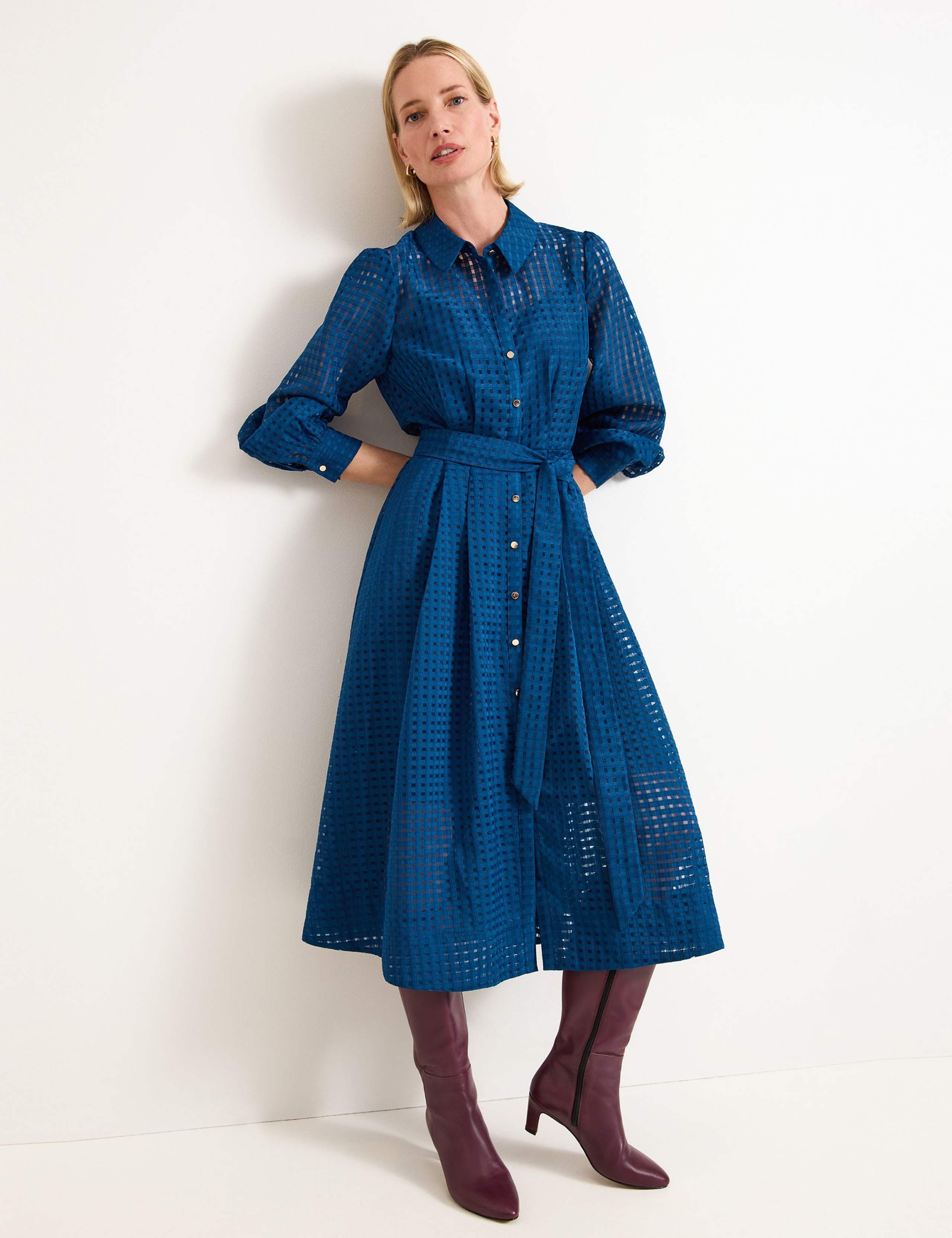 Textured Tie Waist Midi Shirt Dress