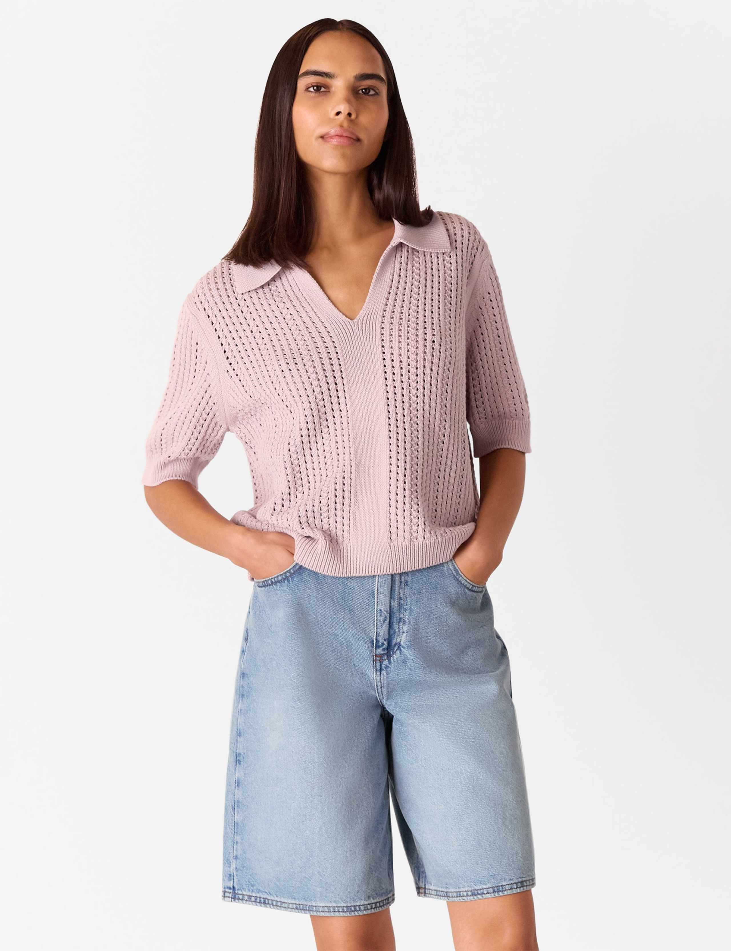 Pure Cotton Pointelle Collared V-Neck Jumper