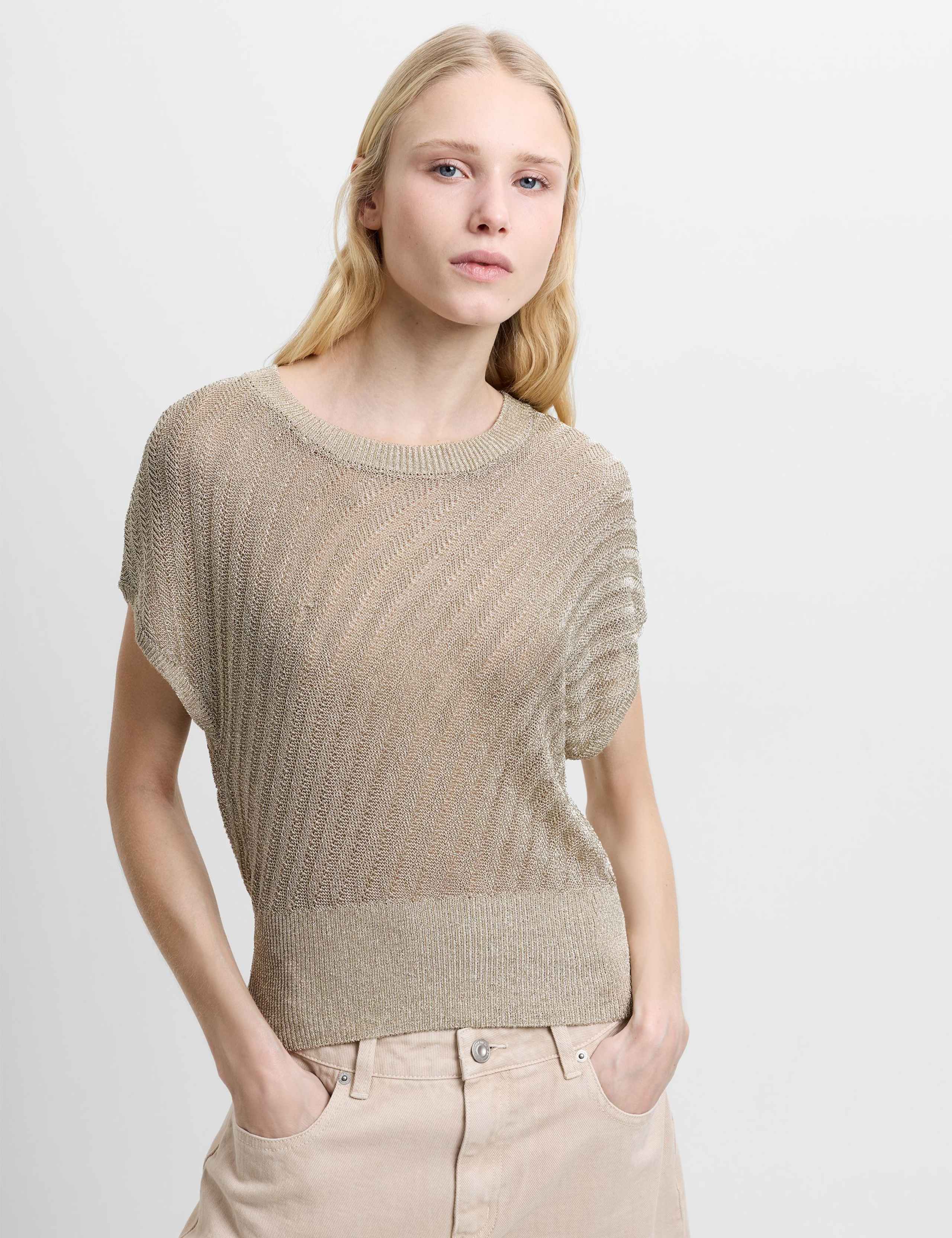 Metallic Textured Crew Neck Knitted Top