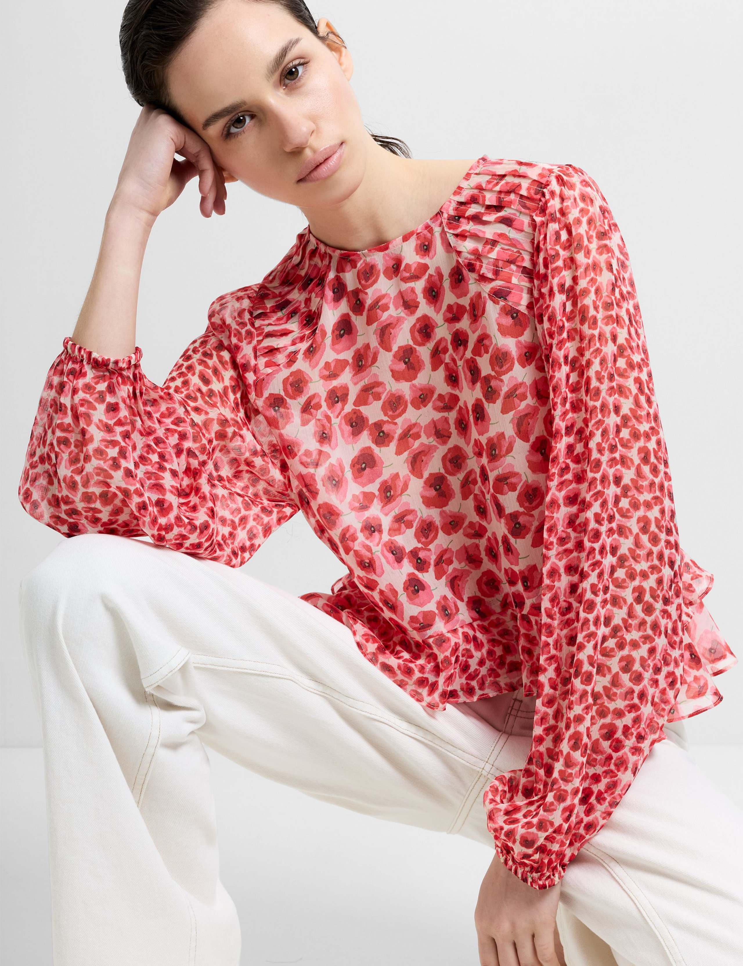 Floral Frill Detail Blouson Sleeve Top