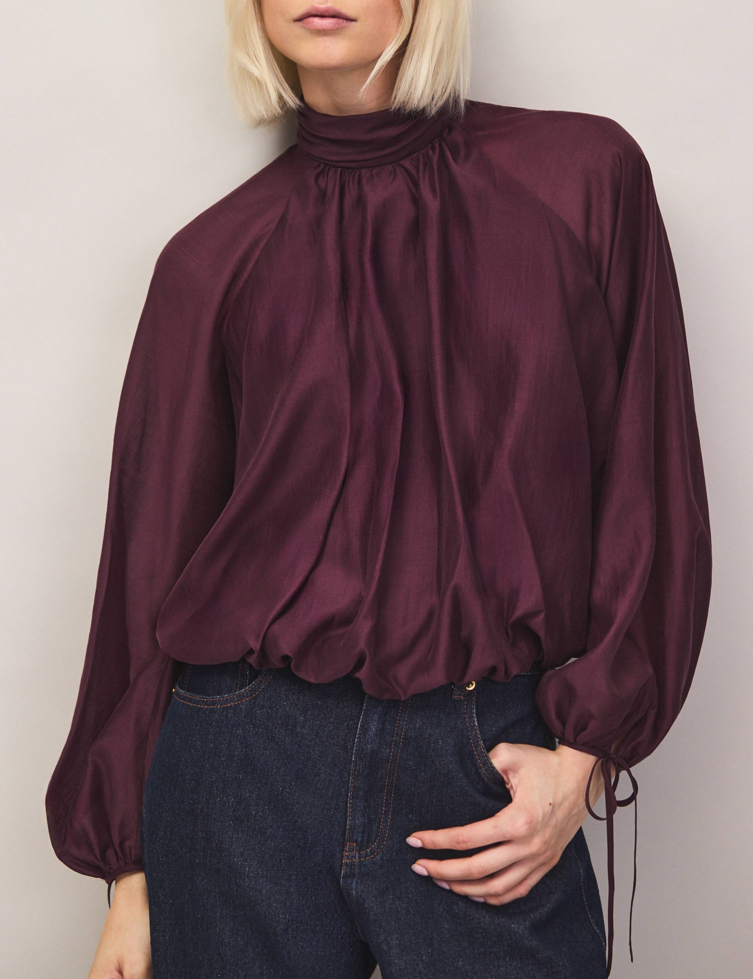 Lyocell Rich High Neck Tie Cuff Blouse