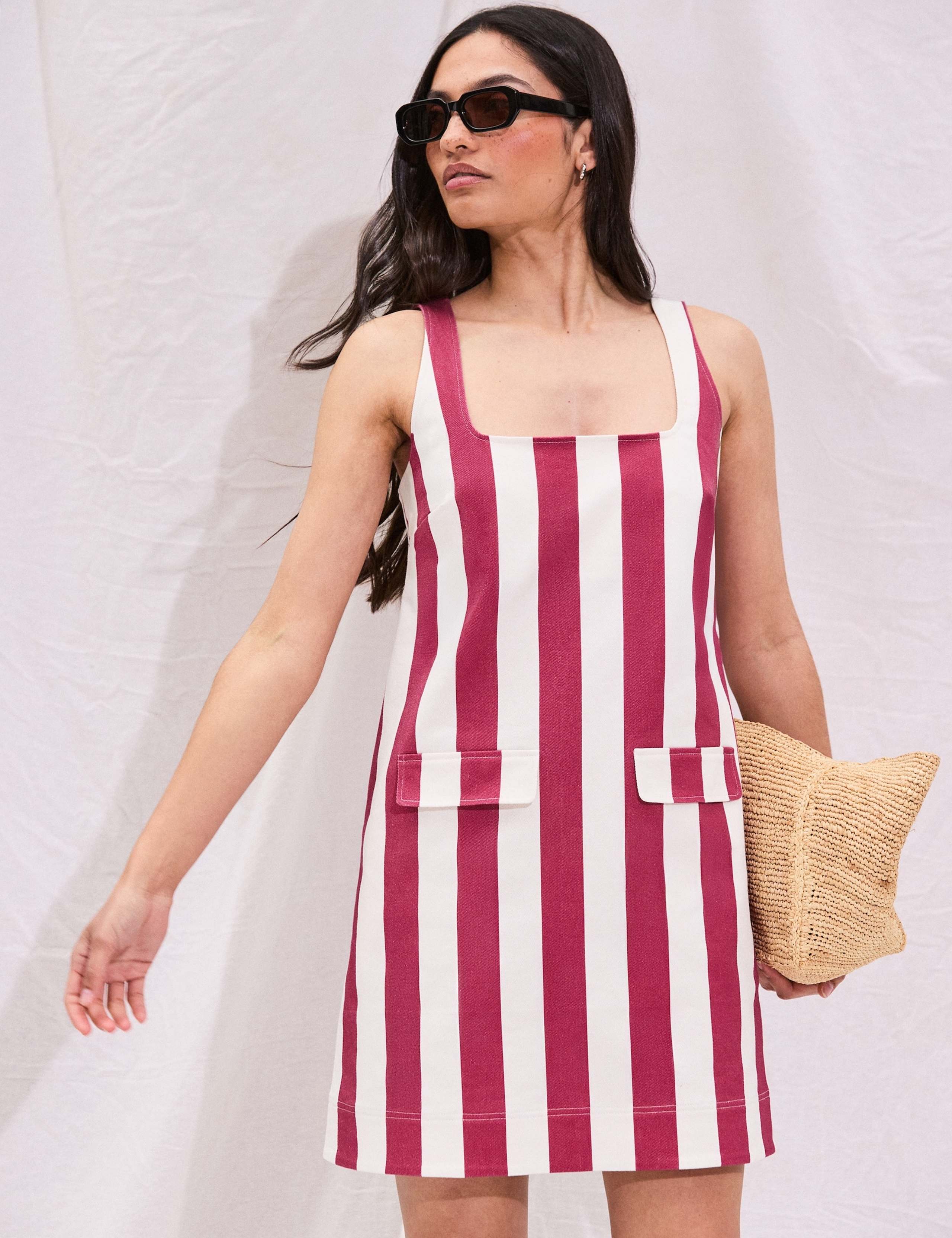 Cotton Rich Striped Square Neck Mini Dress