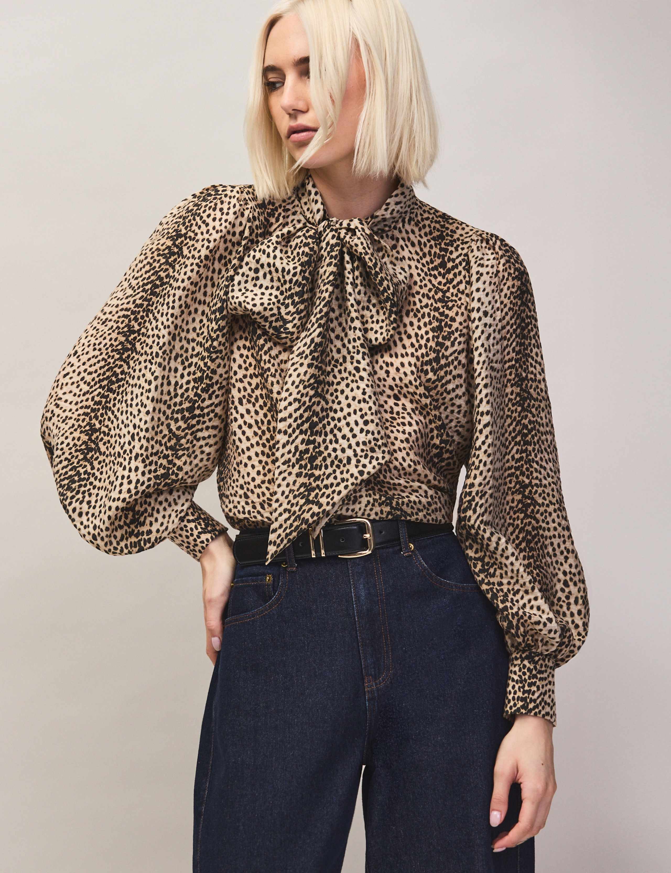 Lyocell Rich Animal Print Tie Neck Blouse