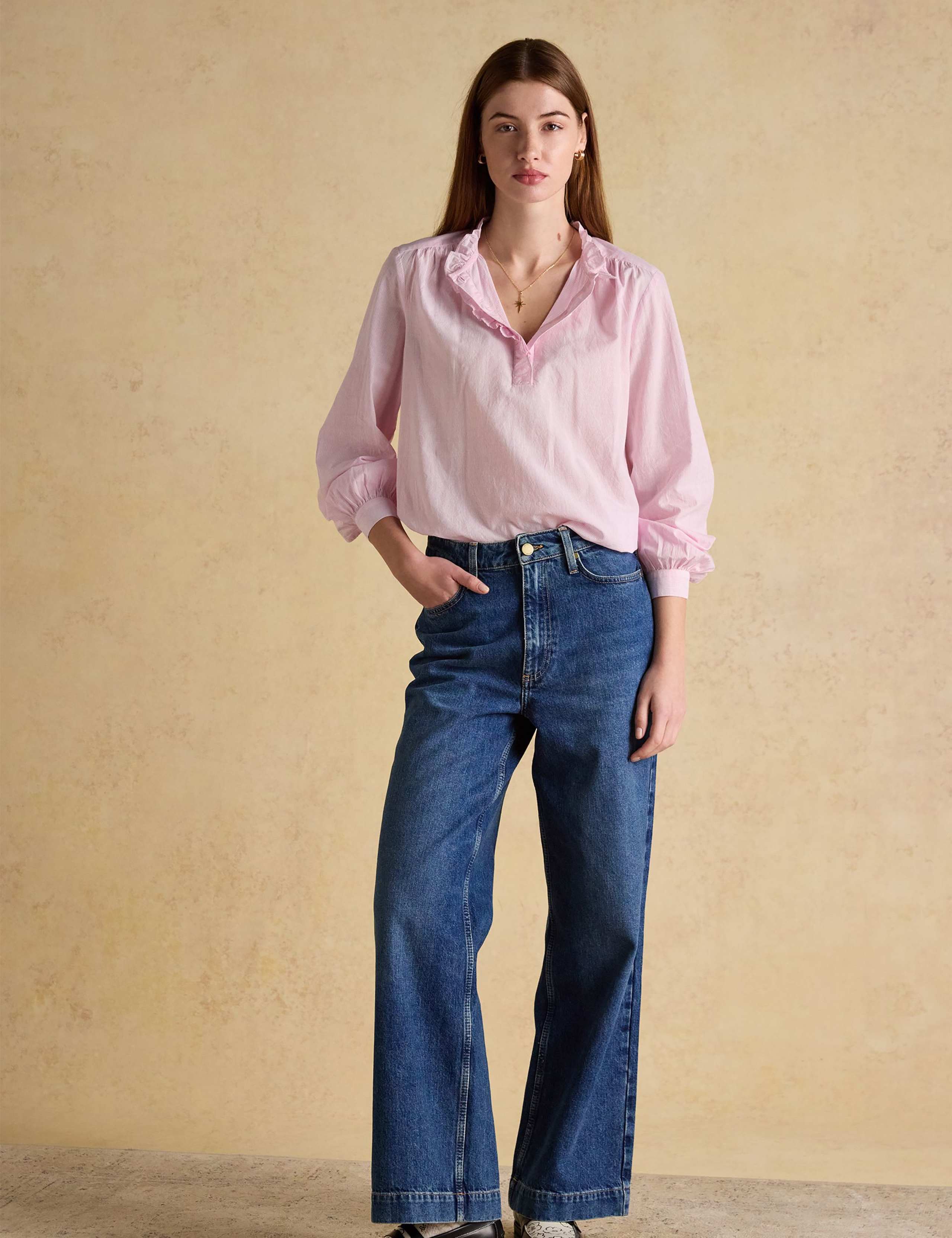 Pure Cotton Striped High Neck Ruffle Blouse