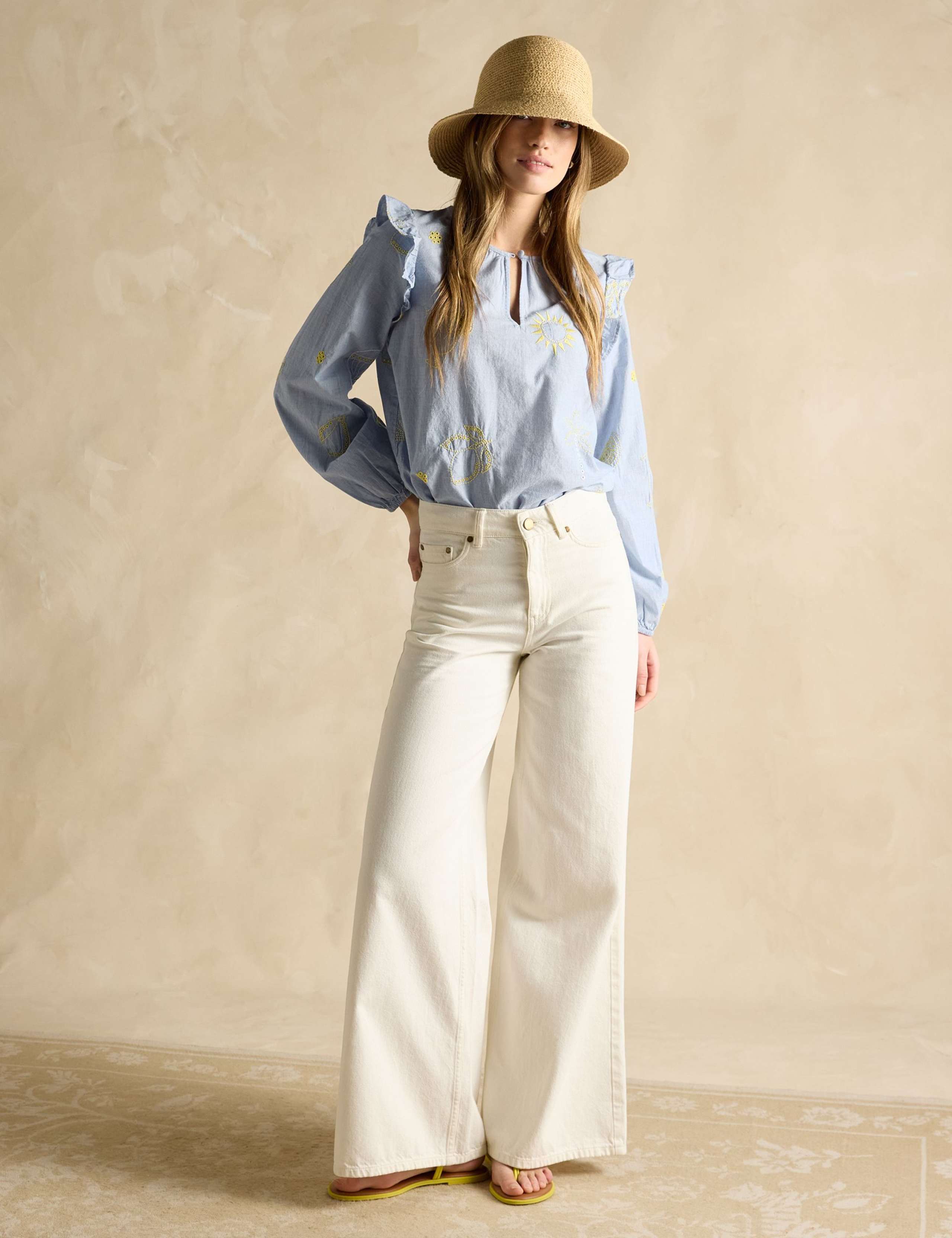 Pure Cotton Embroidered Crew Neck Blouse