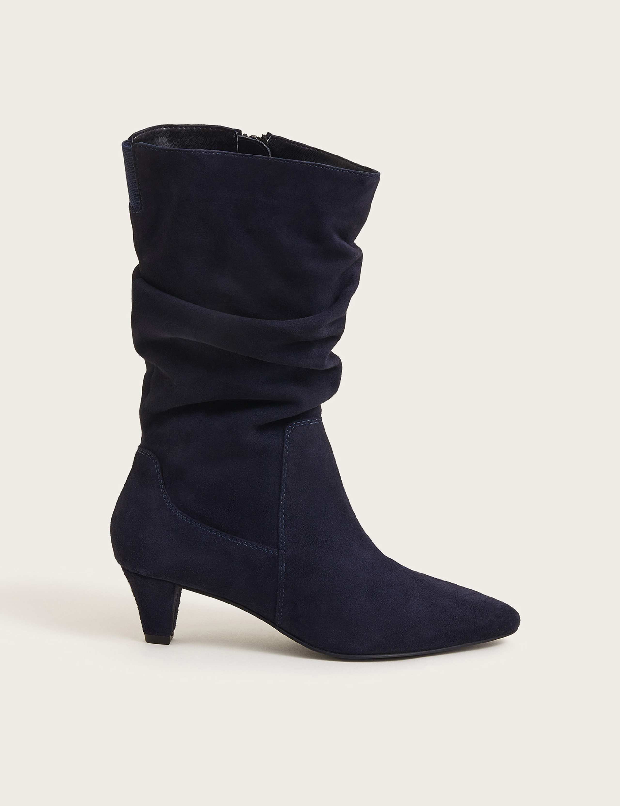 Suede Ruched Kitten Heel Ankle Boots